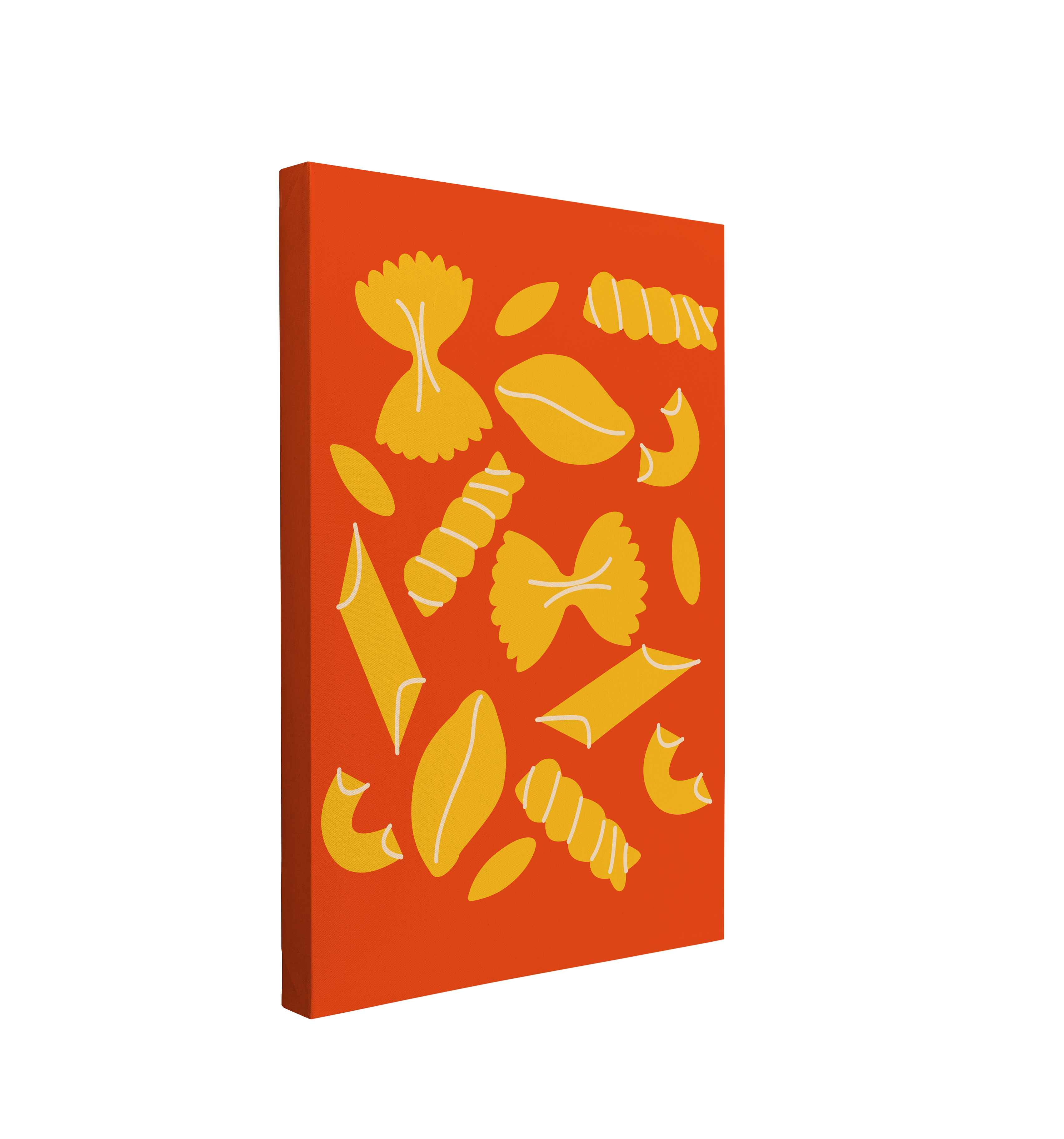 Single 2:3 ratio, vertical easy to hang canvas prints on a transparent background featuring minimalist graphics of yellow pasta of many different types like fusilli, macaroni, bowties and rice on an orange background