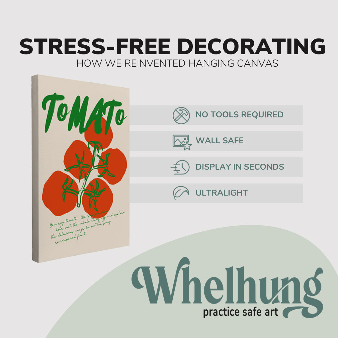 Single 2:3 ratio, vertical easy to hang canvas prints on a graphic displaying the stress-free decorating Whelhung offers, how we reinvented hanging canvas: "no tools required", "wall safe", "display in seconds" and "ultralight."