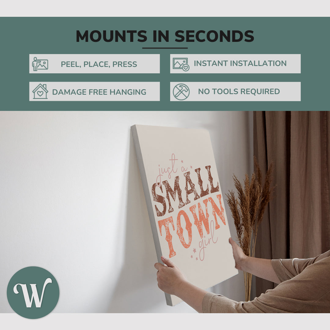 graphic showing hanging a single 2:3 vertical 20x30” inch easy to hang canvas showing how easy it is to hang. Mounts in seconds, "peel, place, press", "instant installation", "damage free hanging" and "no tools required."