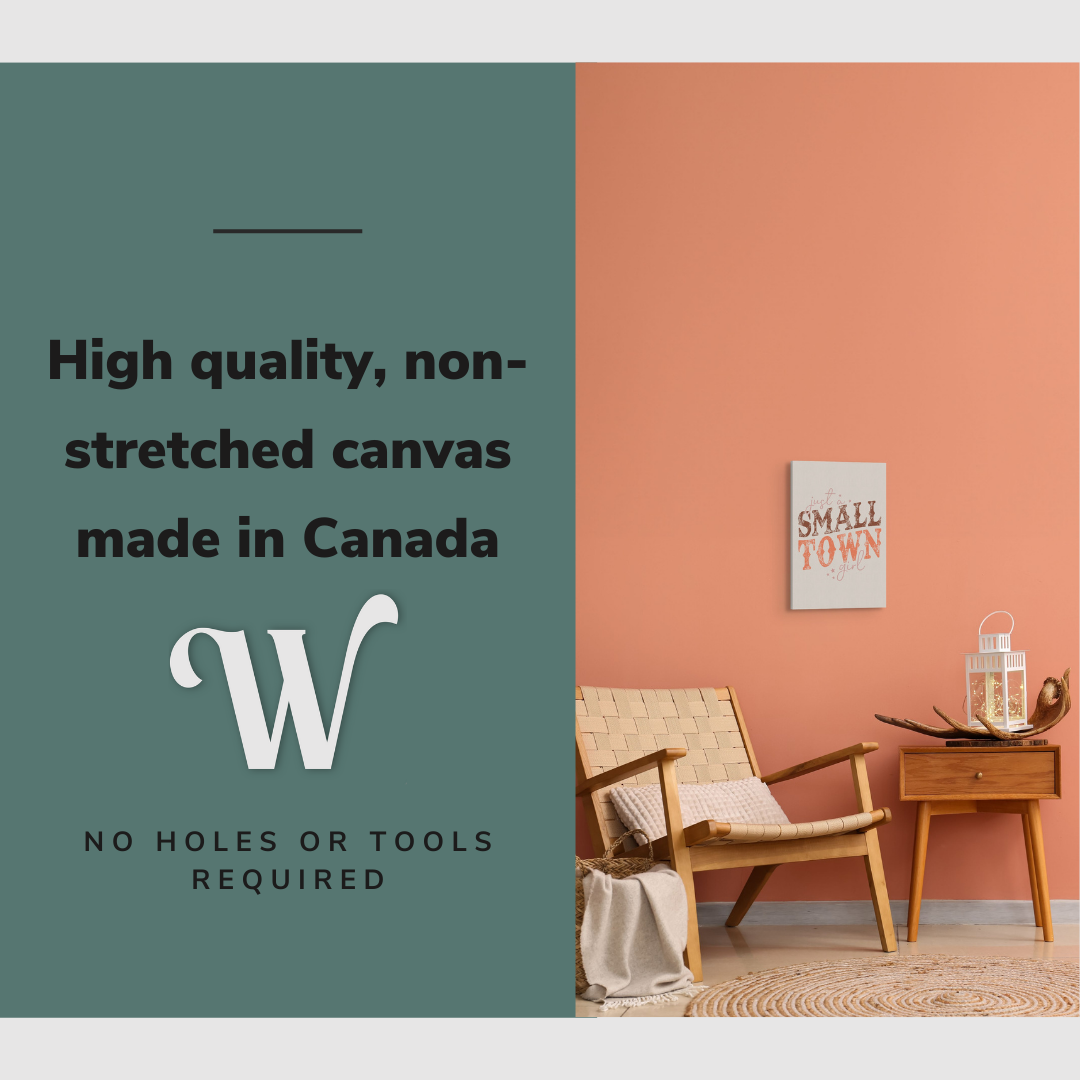Lifestyle image of the vertical 12x18” inch easy to hang canvas wall art hung in a living room above a chair and table with graphic saying "High quality, non-stretched canvas made in Canada."