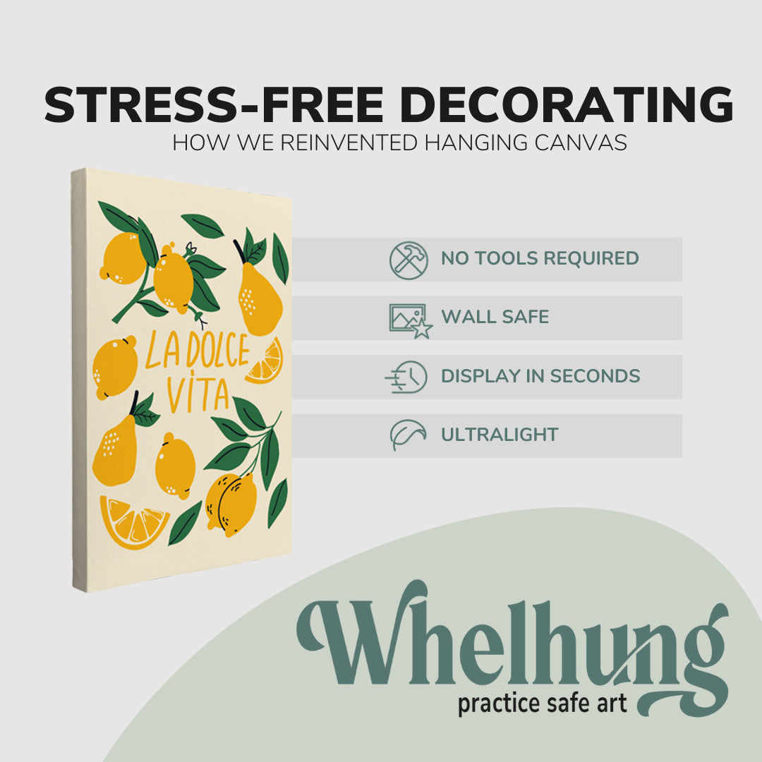 Single, 2:3 ratio vertical easy to hang canvas prints on a graphic displaying the stress-free decorating Whelhung offers, how we reinvented hanging canvas: "no tools required", "wall safe", "display in seconds" and "ultralight."