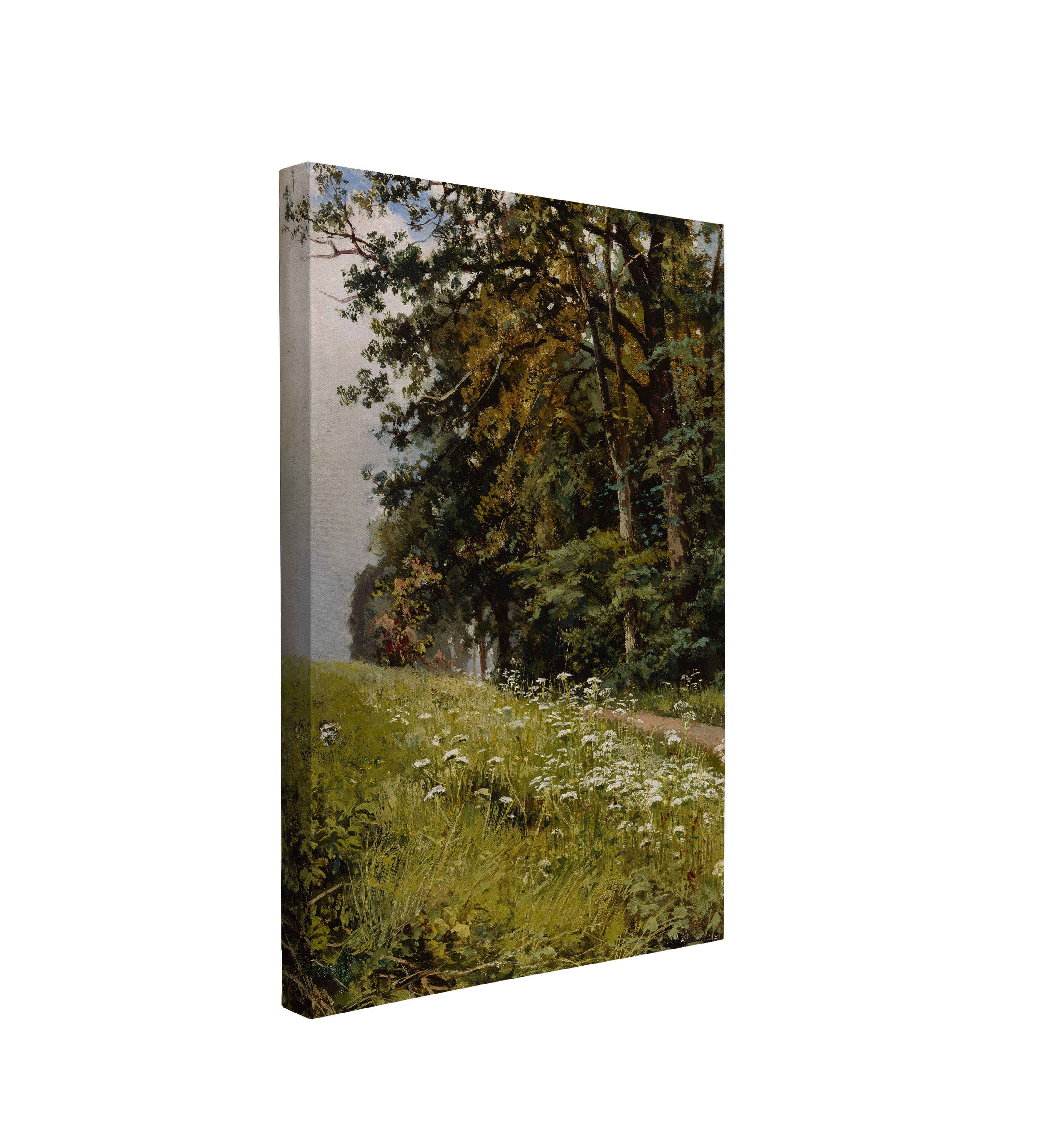 single, 2:3 vertical easy to hang canvas print on a transparent background featuring an image of a painted, green edge of a dark forest bordering a wildflower meadow