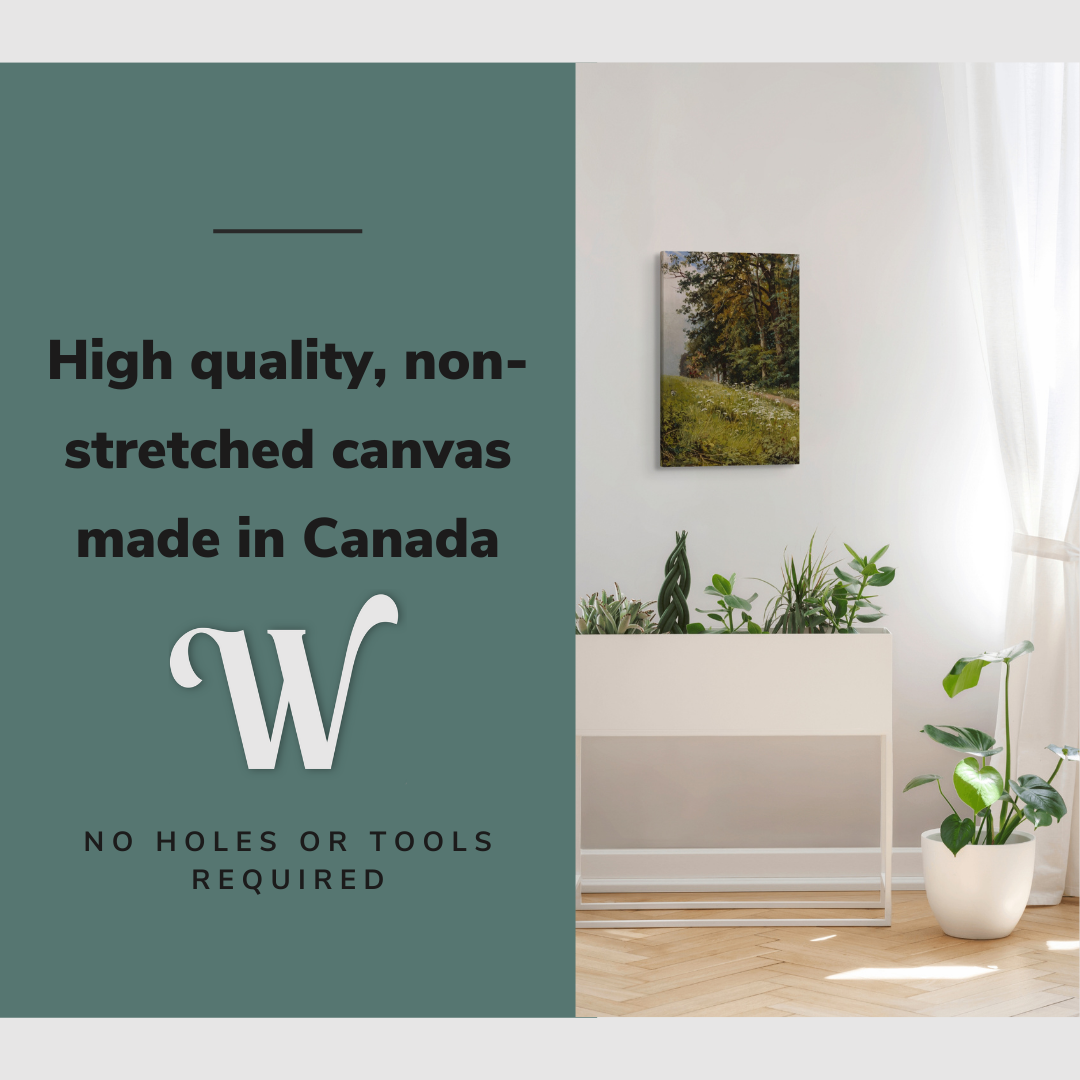 Lifestyle image of the vertical, 16x24 inch easy to hang canvas wall art hung in a hallway above a planter with graphic saying "High quality, non-stretched canvas made in Canada"