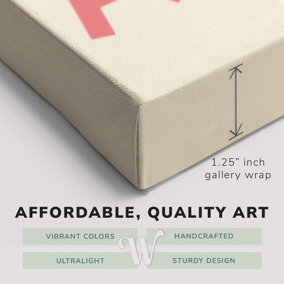 Corner shot of a Whelhung easy to hang canvas print showing the 1.25" inch gallery wrap thickness and graphic saying "Affordable, Quality Art", "Vibrant Colors", "Handcrafted", "Ultralight" and "Sturdy Design."