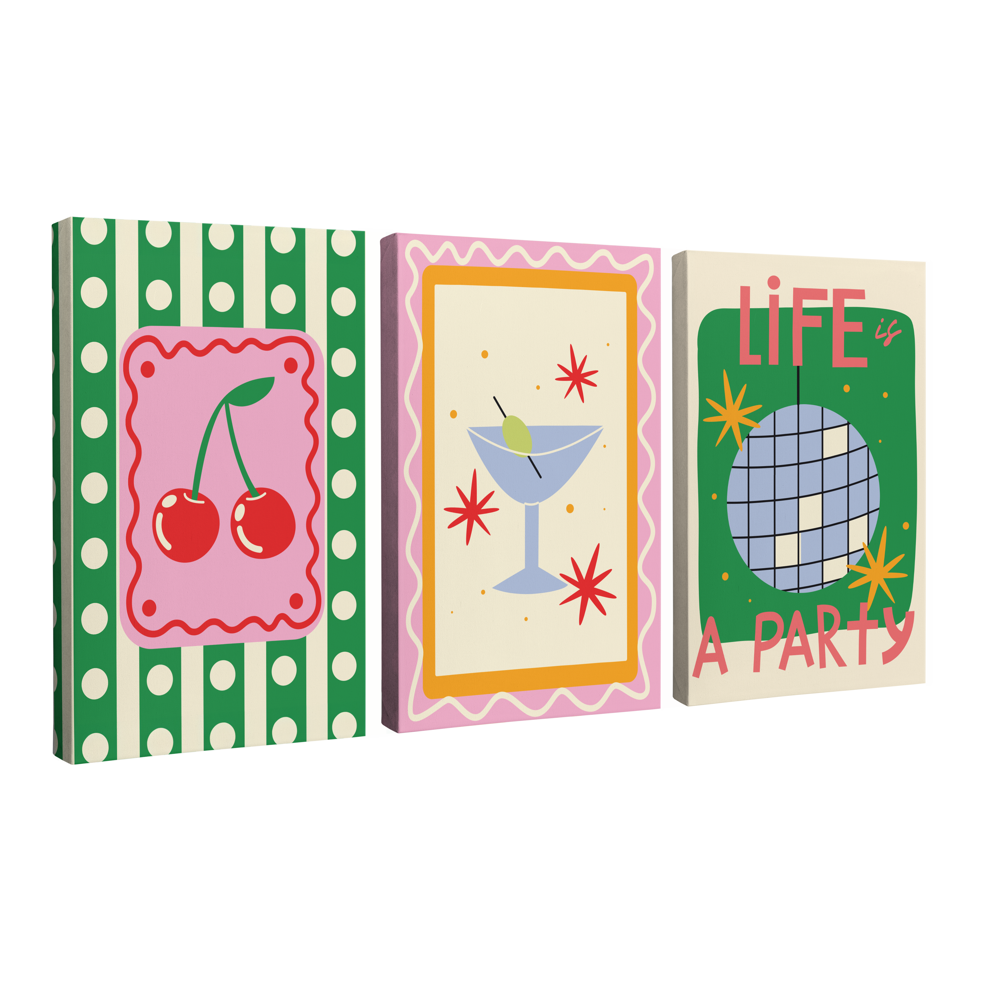 Set of 3, 2:3 ratio vertical easy to hang canvas prints on a transparent background featuring a red cherry graphic on a striped green background on one canvas, a martini on a yellow and pink background on another canvas, and a disco ball with words "Life is a party" on a green and white background