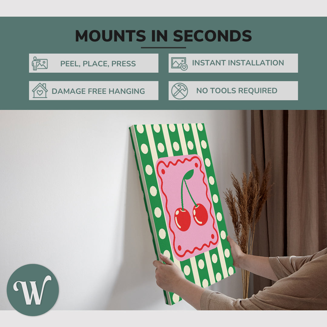 graphic showing hanging a single 2:3 ratio, 20x30" inch vertical easy to hang canvas showing how easy it is to hang. Mounts in seconds, "peel, place, press", "instant installation", "damage free hanging" and "no tools required."