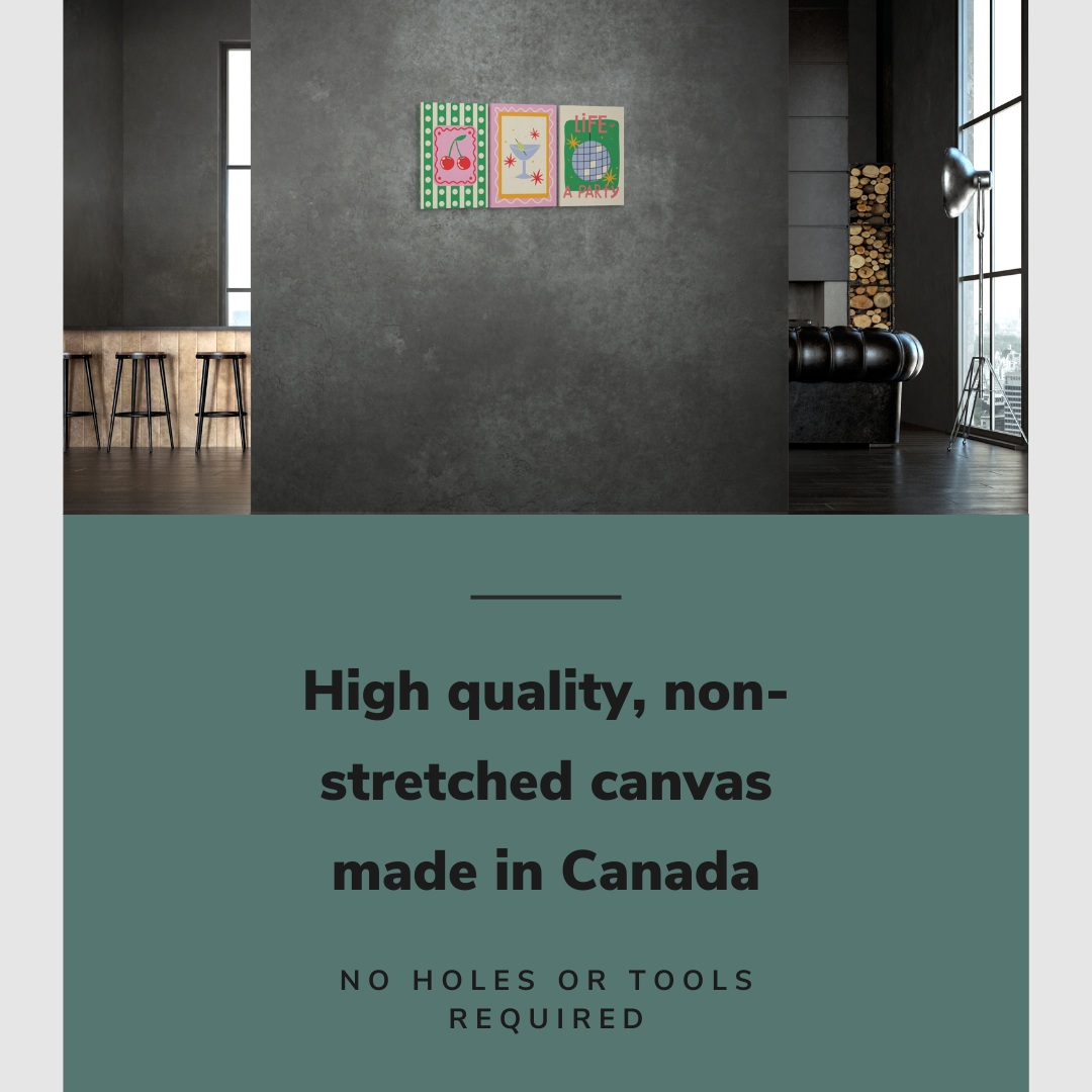 Lifestyle image of the vertical, 18x36" inch easy to hang canvas wall art hung in a living room overlooking a bar with graphic saying "High quality, non-stretched canvas made in Canada"