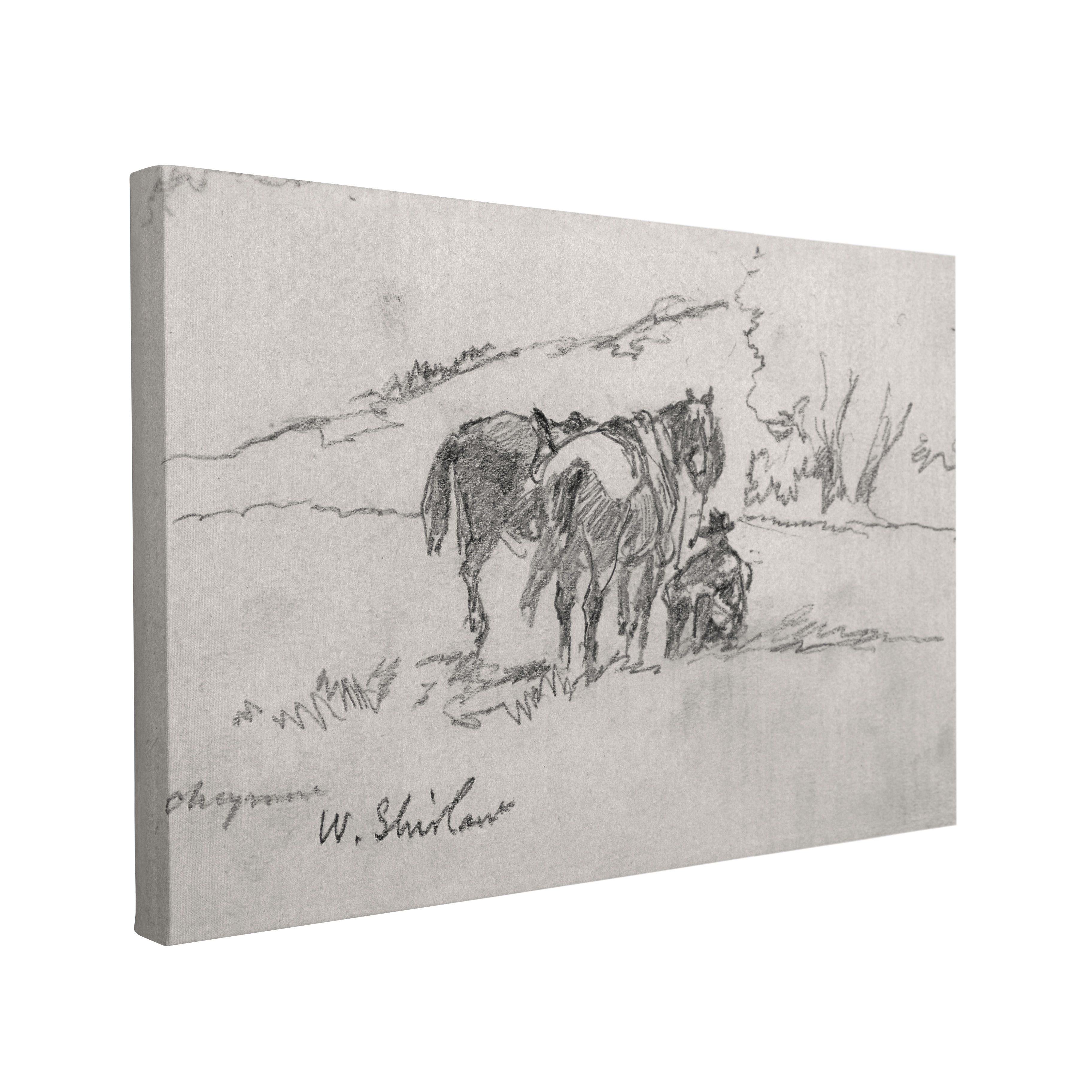 Single, 2:3 horizontal easy to hang canvas print on a transparent background featuring an image of a sketch of a lone cowboy sitting next to two horses in the grass with some trees behind them. The sketch is signed and in black and white
