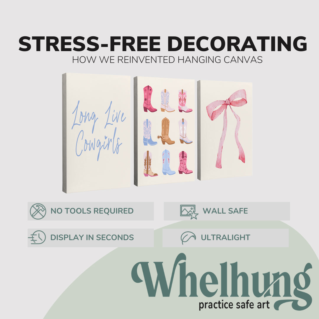 Set of 3, 2:3 vertical easy to hang canvas prints on a graphic displaying the stress-free decorating Whelhung offers, how we reinvented hanging canvas: "no tools required", "wall safe", "display in seconds" and "ultralight."