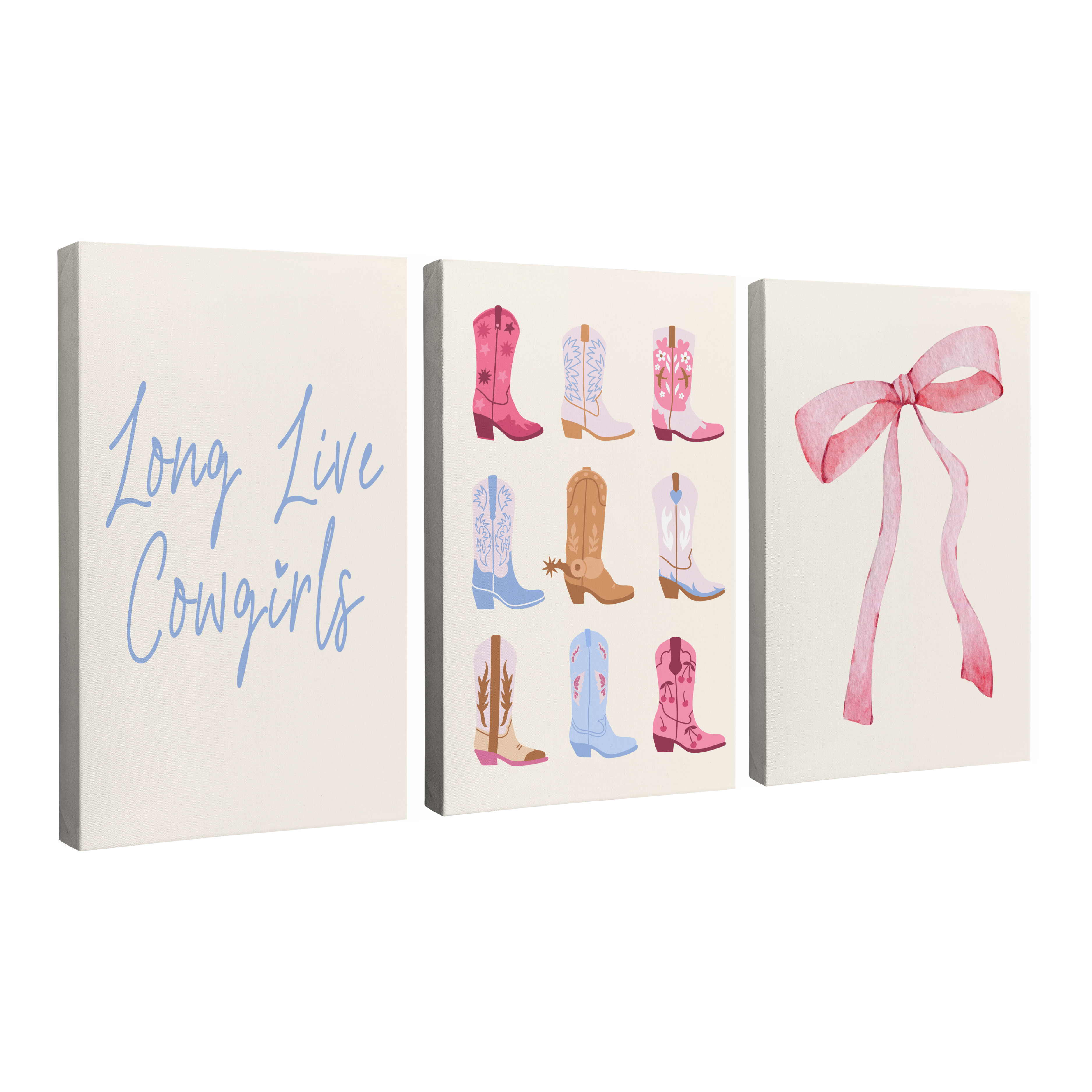 Set of 3, 2:3 vertical easy to hang canvas prints on a transparent background featuring images of light blue cursive font saying "Long Live Cowgirls", a collection of cowboy boots all facing right in shades of pink, blue and brown, and a hand painted pink ribbon, all on white-yellow backgrounds.