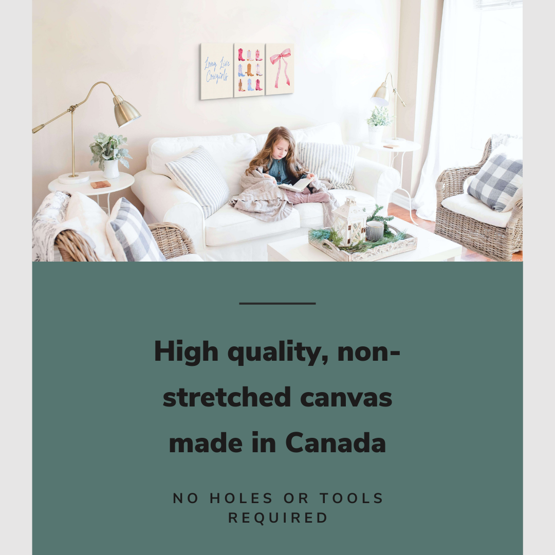Lifestyle image of the vertical, 12x18” inch set of 3 easy to hang canvas wall art hung in a living room above a couch with a young teenage girl sitting in it with graphic saying "High quality, non-stretched canvas made in Canada."