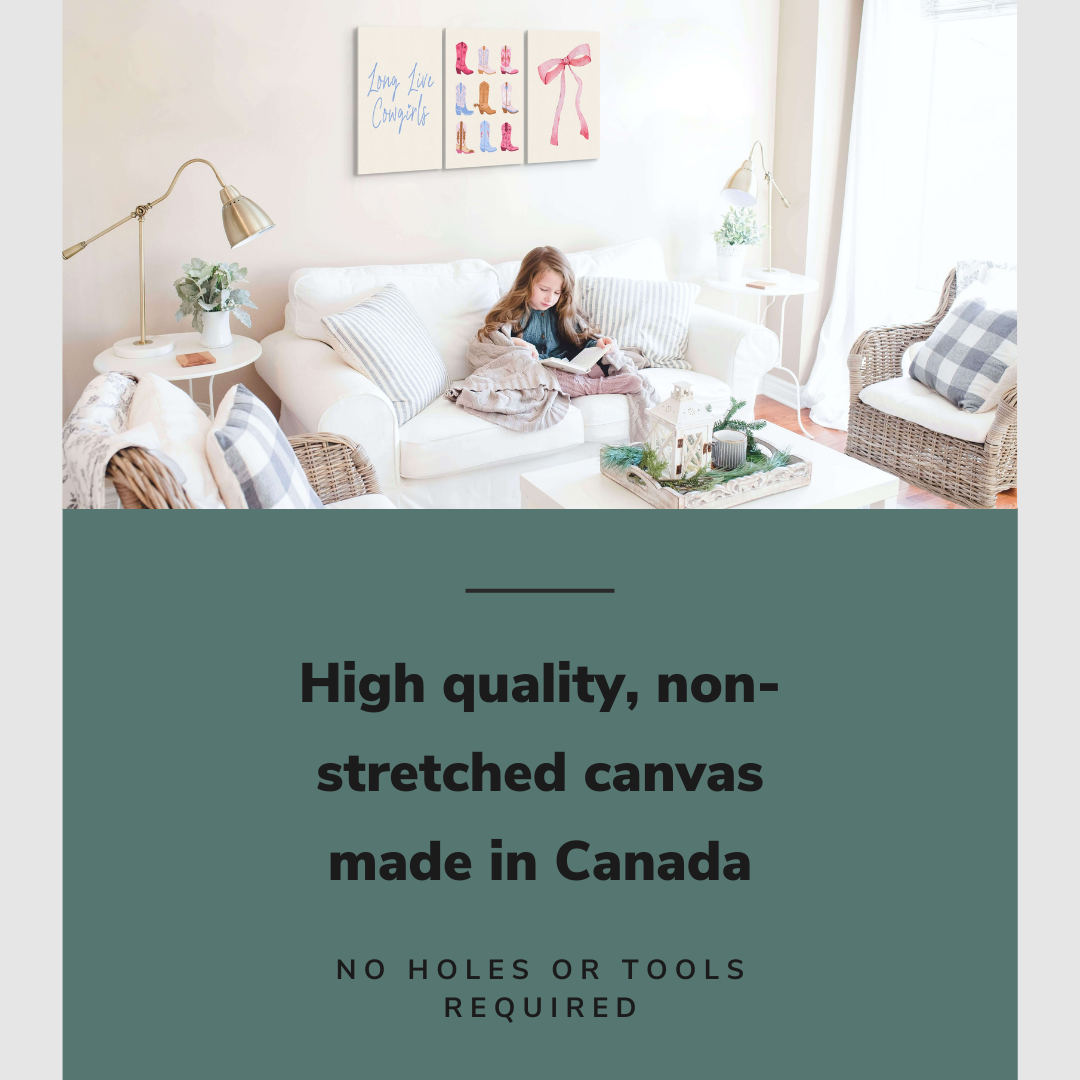 Lifestyle image of the vertical, 16x24” inch set of 3 easy to hang canvas wall art hung in a living room above a couch with a young teenage girl reading sitting in it with graphic saying "High quality, non-stretched canvas made in Canada."