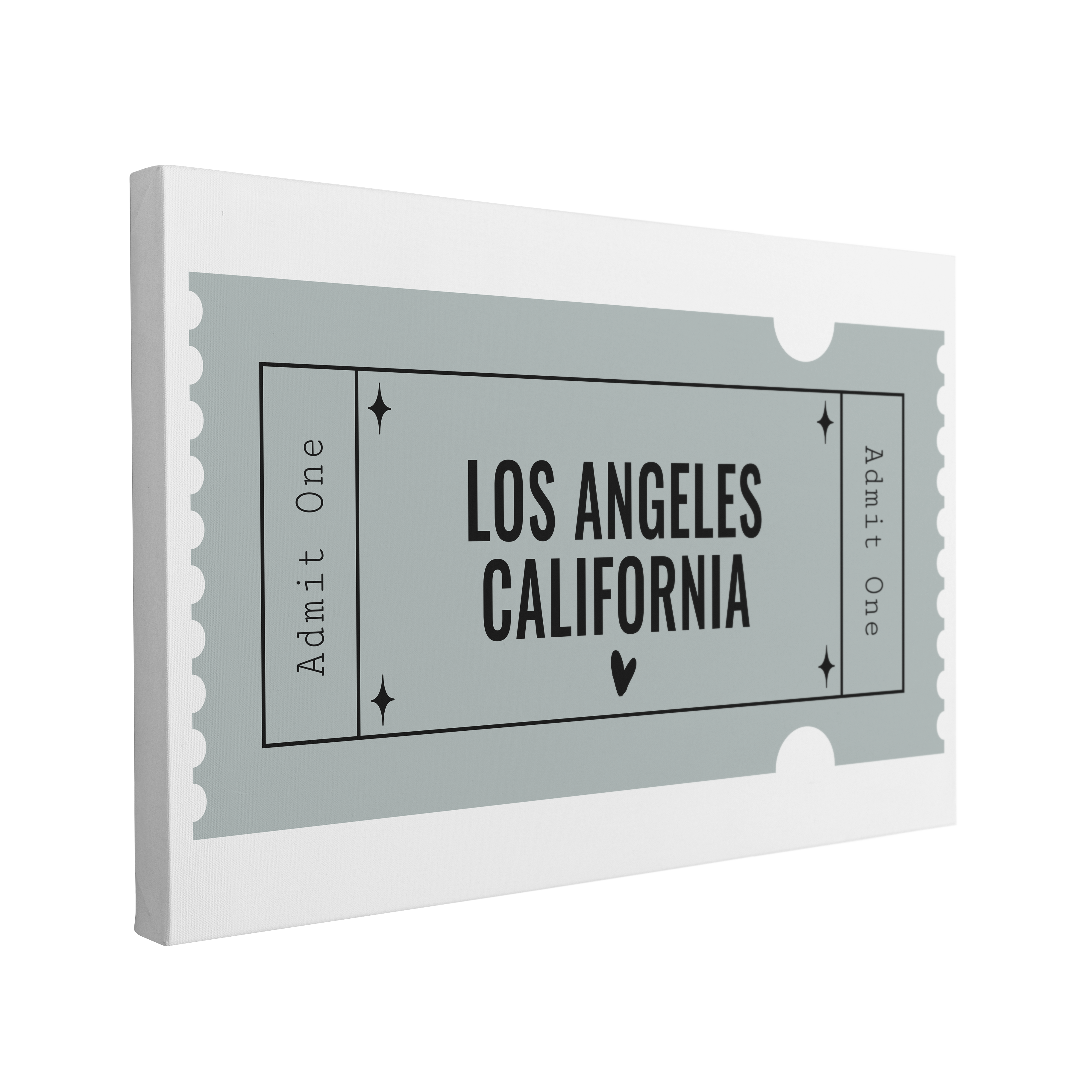 Single, 2:3 horizontal easy to hang canvas print on a transparent background featuring an image of a blue graphic of an Admit One Ticket with black font saying, "Los Angeles, California"