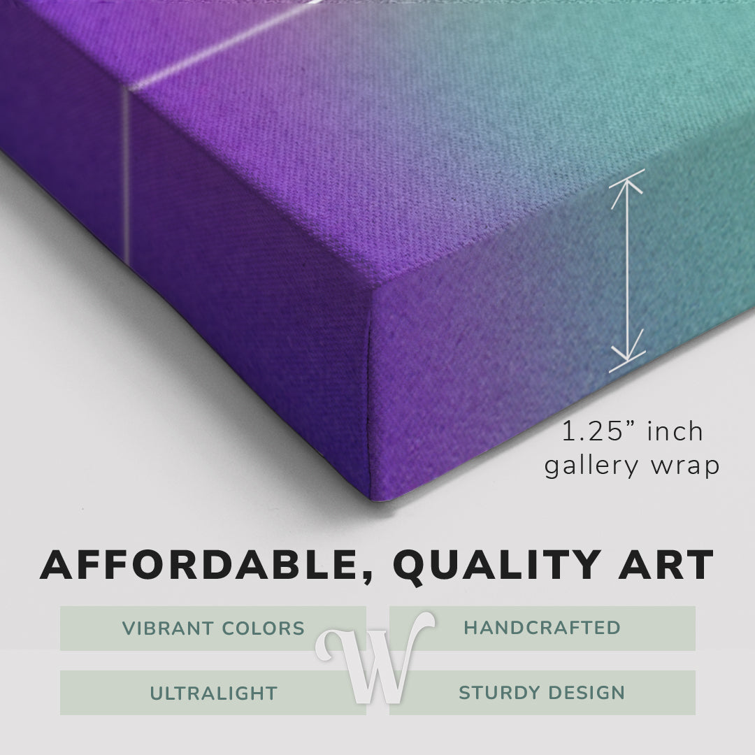 Corner shot of a Whelhung easy to hang canvas print showing the 1.25" inch gallery wrap thickness and graphic saying "Affordable, Quality Art", "Vibrant Colors", "Handcrafted", "Ultralight" and "Sturdy Design."