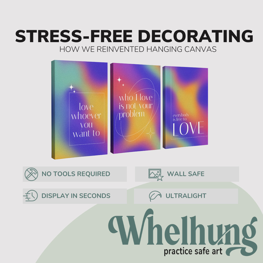 3 Panel, 2:3 vertical easy to hang canvas print on a graphic displaying the stress-free decorating Whelhung offers, how we reinvented hanging canvas: "no tools required", "wall safe"", "display in seconds" and "ultralight."