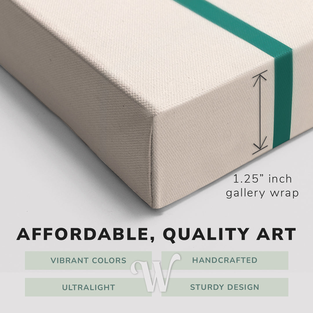 Corner shot of a Whelhung easy to hang canvas print showing the 1.25" inch gallery wrap thickness and graphic saying "Affordable, Quality Art", "Vibrant Colors", "Handcrafted", "Ultralight" and "Sturdy Design."