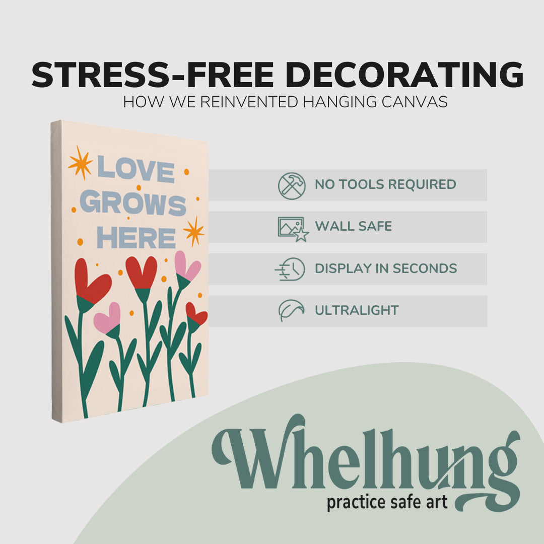 single, 2:3 vertical easy to hang canvas print on a graphic displaying the stress-free decorating Whelhung offers, how we reinvented hanging canvas: "no tools required", "wall safe"", "display in seconds" and "ultralight."
