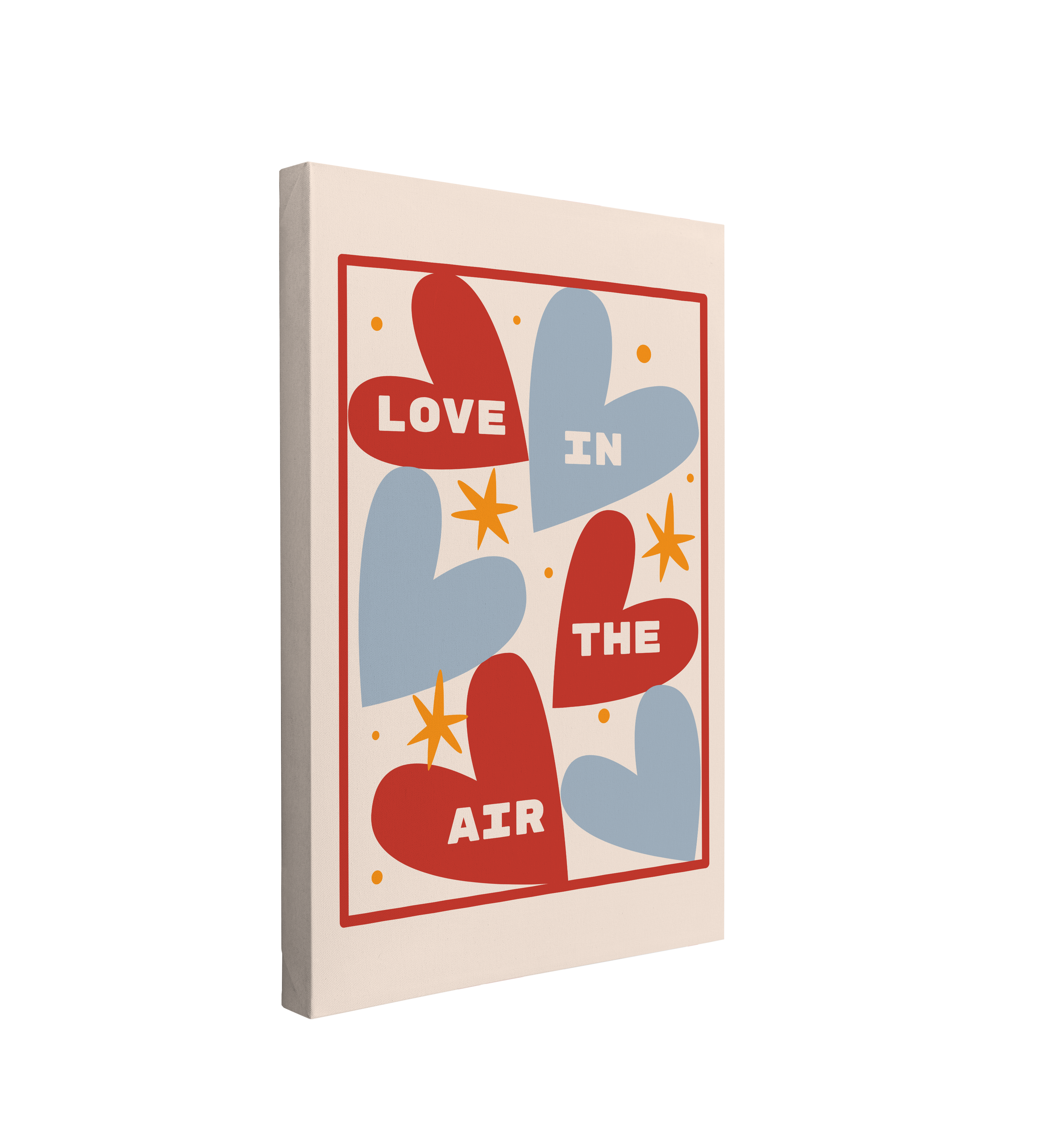 single, 2:3 vertical easy to hang canvas print on a transparent background featuring an image of modern blue and red hearts with yellow stars with words "Love in the Air" inside the hearts