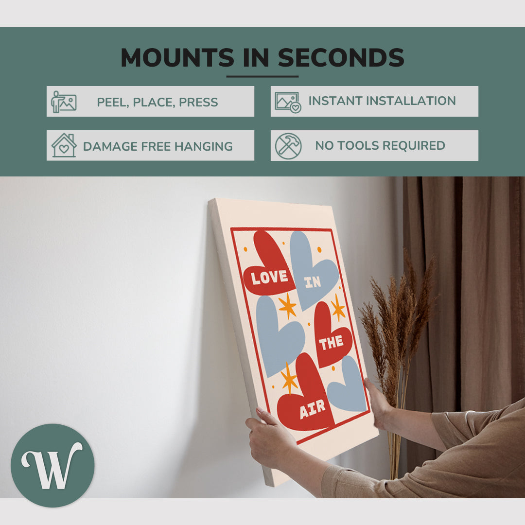 graphic showing hanging a single 2:3 vertical 20x30 inch easy to hang canvas showing how easy it is to hang. Mounts in seconds, "peel, place, press", "instant installation", "damage free hanging" and "no tools required."