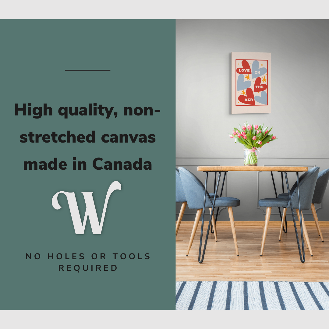 Lifestyle image of the vertical, 16x24 inch easy to hang canvas wall art hung in in a dining room hung over the dining room table with graphic saying "High quality, non-stretched canvas made in Canada"