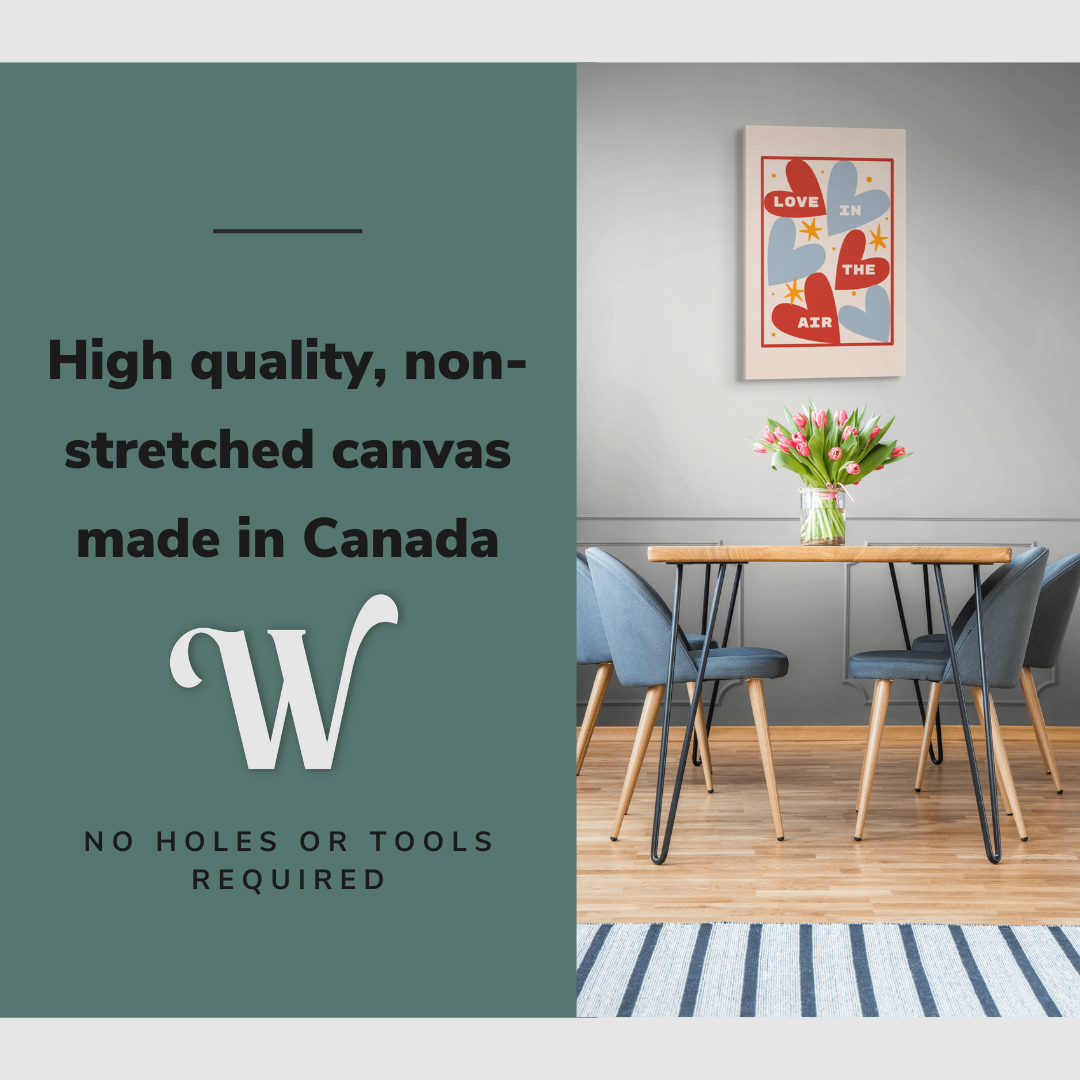 Lifestyle image of the vertical, 20x30 inch easy to hang canvas wall art hung in in a dining room hung over the dining room table with graphic saying "High quality, non-stretched canvas made in Canada"