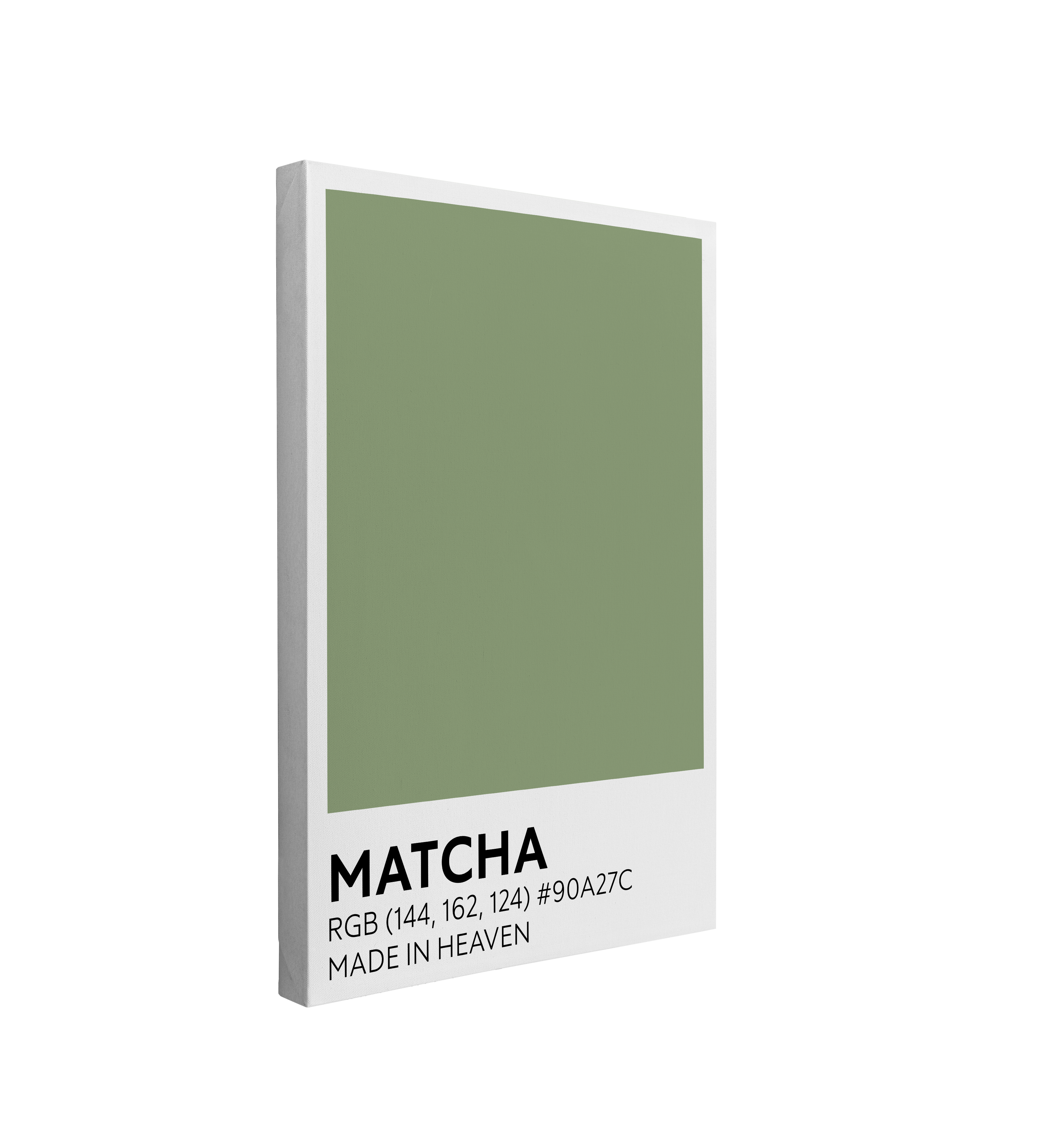 single, 2:3 vertical easy to hang canvas print on a transparent background featuring an image of a green color swatch labeled "Matcha" with the RBG code and "Made in Heaven" at the bottom