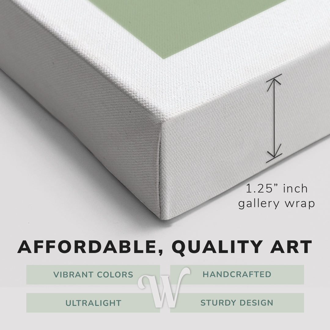 Corner shot of a Whelhung easy to hang canvas print showing the 1.25" inch gallery wrap thickness and graphic saying "Affordable, Quality Art", "Vibrant Colors", "Handcrafted", "Ultralight" and "Sturdy Design."