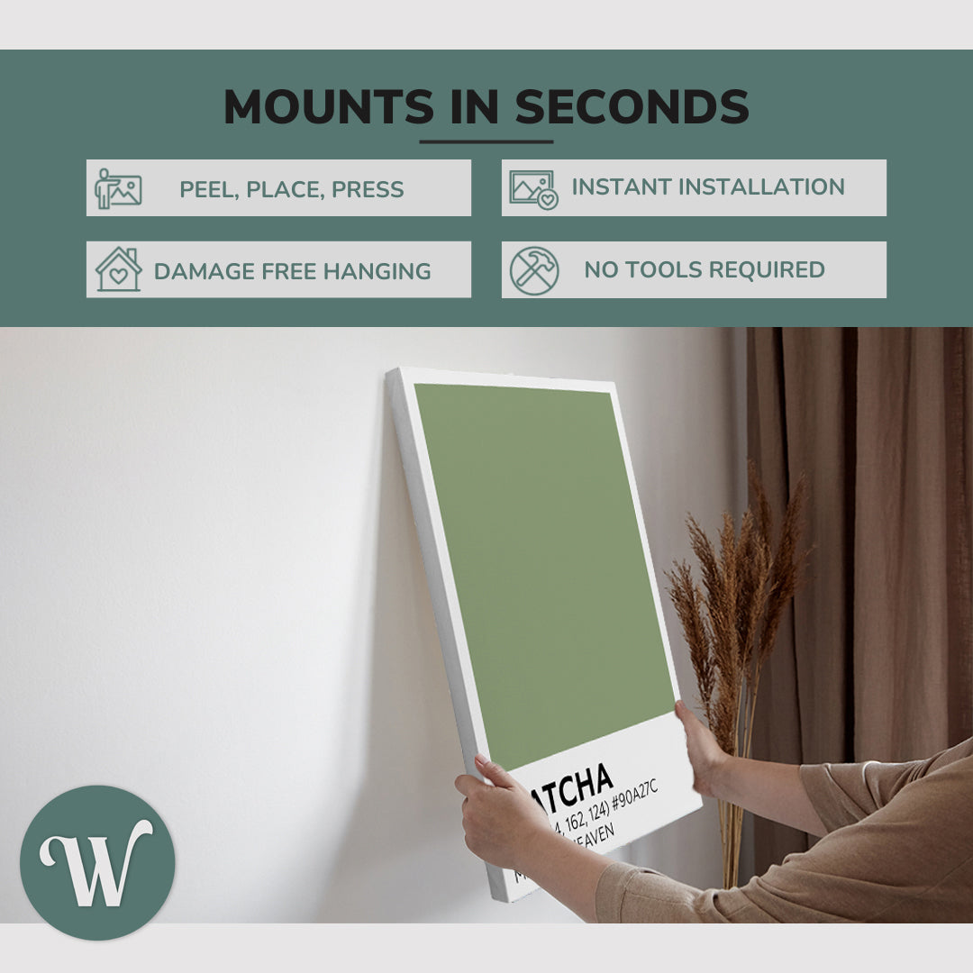 graphic showing hanging a single 2:3 vertical 20x30 inch easy to hang canvas showing how easy it is to hang. Mounts in seconds, "peel, place, press", "instant installation", "damage free hanging" and "no tools required."