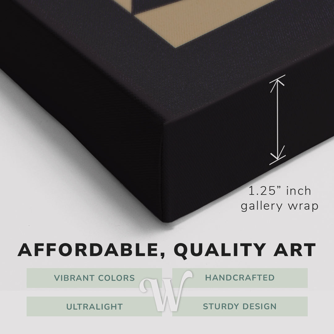 Corner shot of a Whelhung easy to hang canvas print showing the 1.25” inch gallery wrap thickness and graphic saying "Affordable, Quality Art", "Vibrant Colors", "Handcrafted", "Ultralight" and "Sturdy Design."