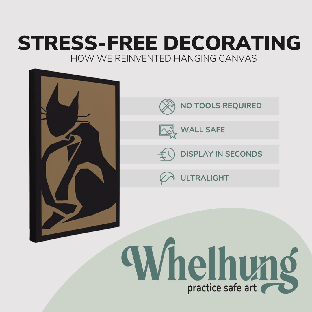 Single, 2:3 vertical easy to hang canvas print on a graphic displaying the stress-free decorating Whelhung offers, how we reinvented hanging canvas: "no tools required", "wall safe", "display in seconds" and "ultralight."