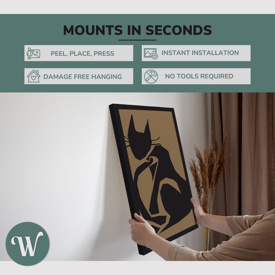 Graphic showing hanging a single 2:3 vertical 20x30” inch easy to hang canvas showing how easy it is to hang. Mounts in seconds, "peel, place, press", "instant installation", "damage free hanging" and "no tools required."