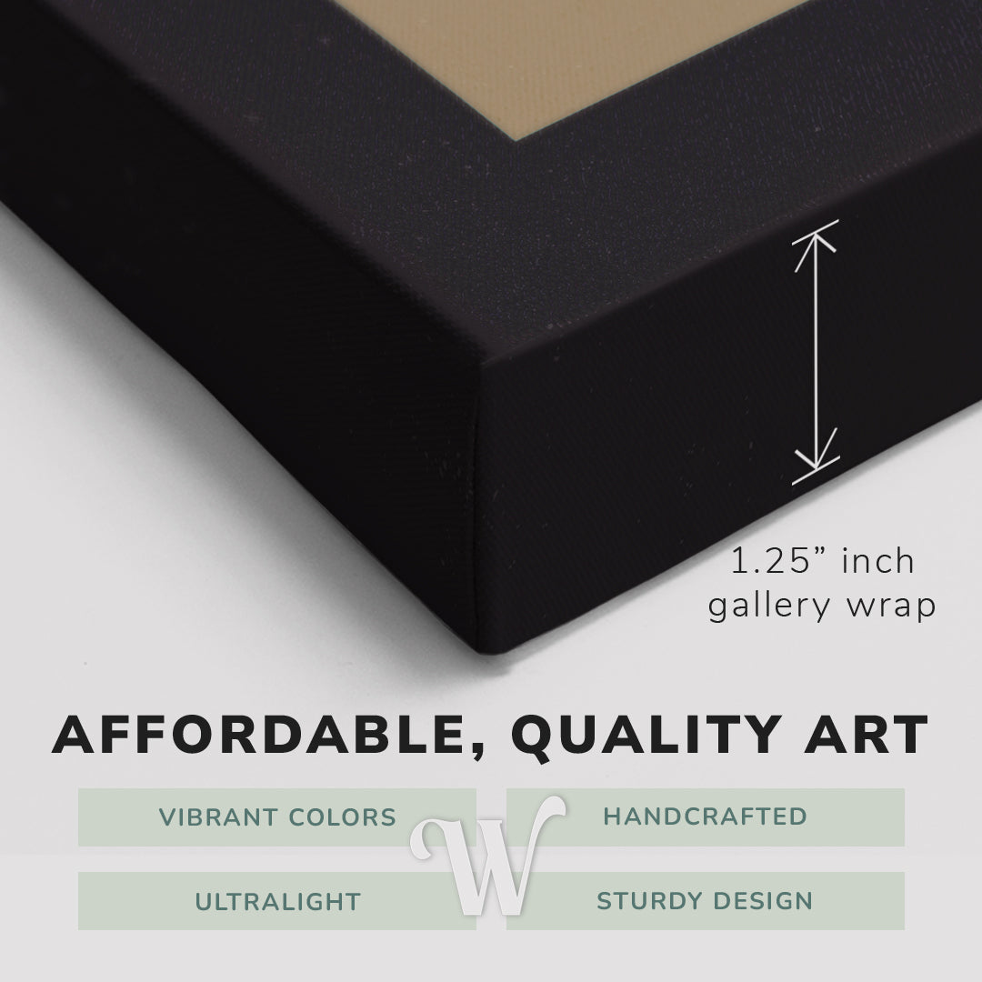 Corner shot of a Whelhung easy to hang canvas print showing the 1.25” inch gallery wrap thickness and graphic saying "Affordable, Quality Art", "Vibrant Colors", "Handcrafted", "Ultralight" and "Sturdy Design."