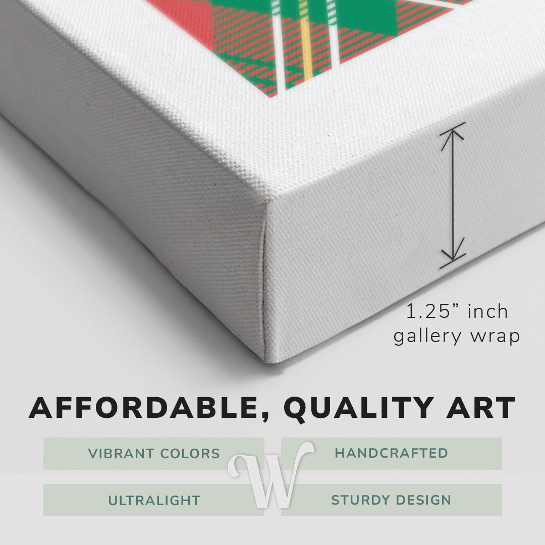 Corner shot of a Whelhung easy to hang canvas print showing the 1.25" inch gallery wrap thickness and graphic saying "Affordable, Quality Art", "Vibrant Colors", "Handcrafted", "Ultralight" and "Sturdy Design."