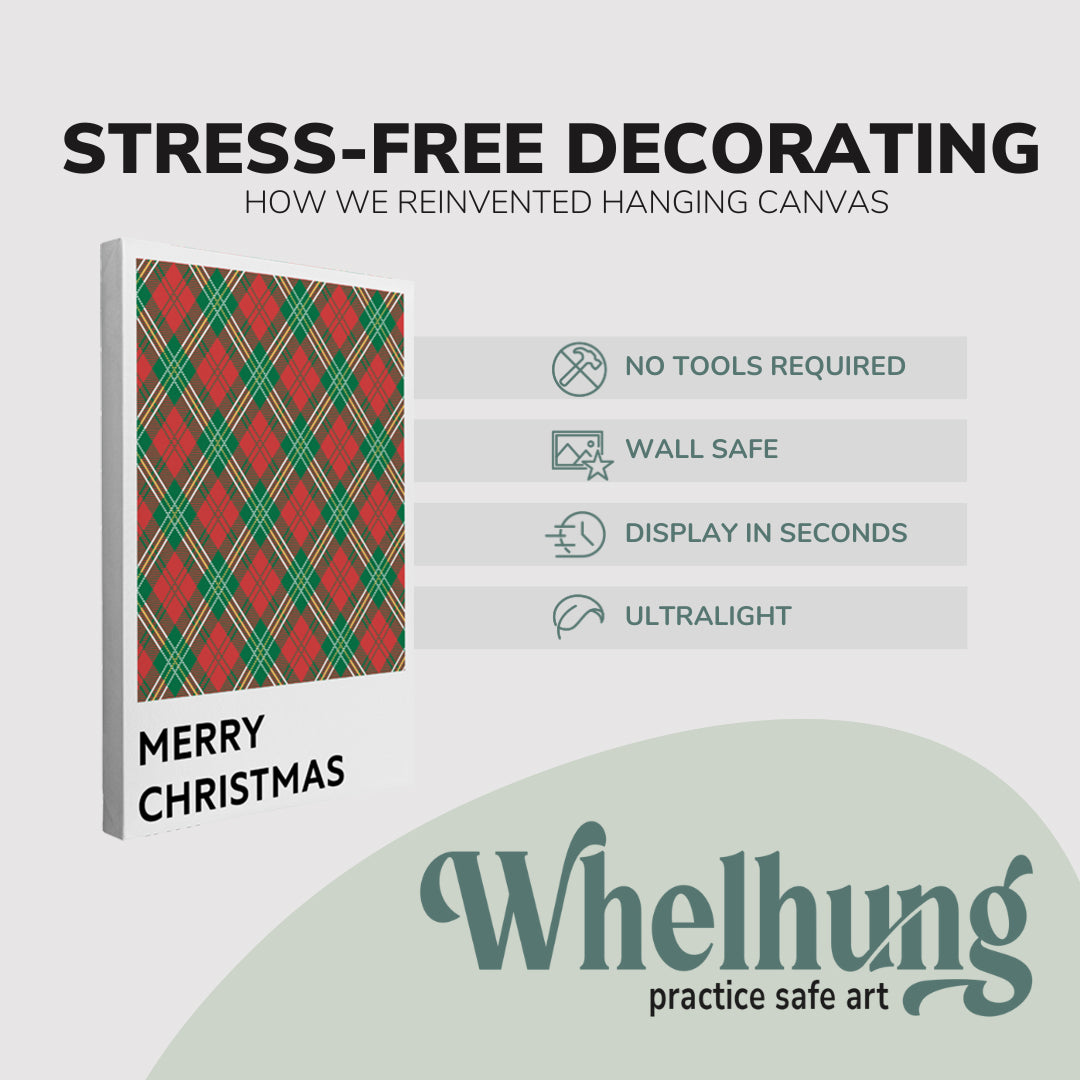 single, 2:3 vertical easy to hang canvas print on a graphic displaying the stress-free decorating Whelhung offers, how we reinvented hanging canvas: "no tools required", "wall safe"", "display in seconds" and "ultralight."