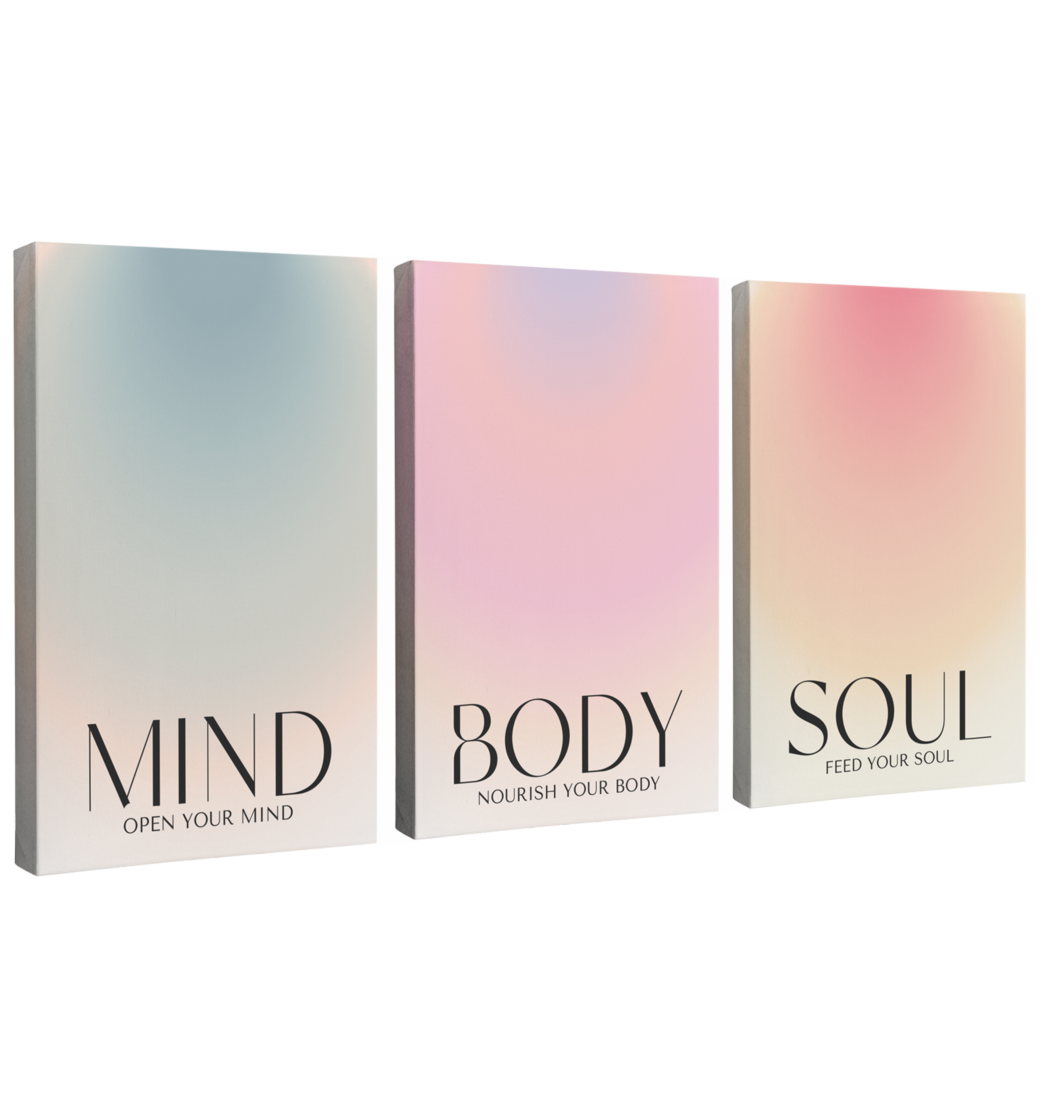 3 Panel, 2:3 vertical easy to hang canvas print on a transparent background featuring an image of three different gradients of blue, purple and yellow on a beige background with words, "Mind", "Body" and "Soul"