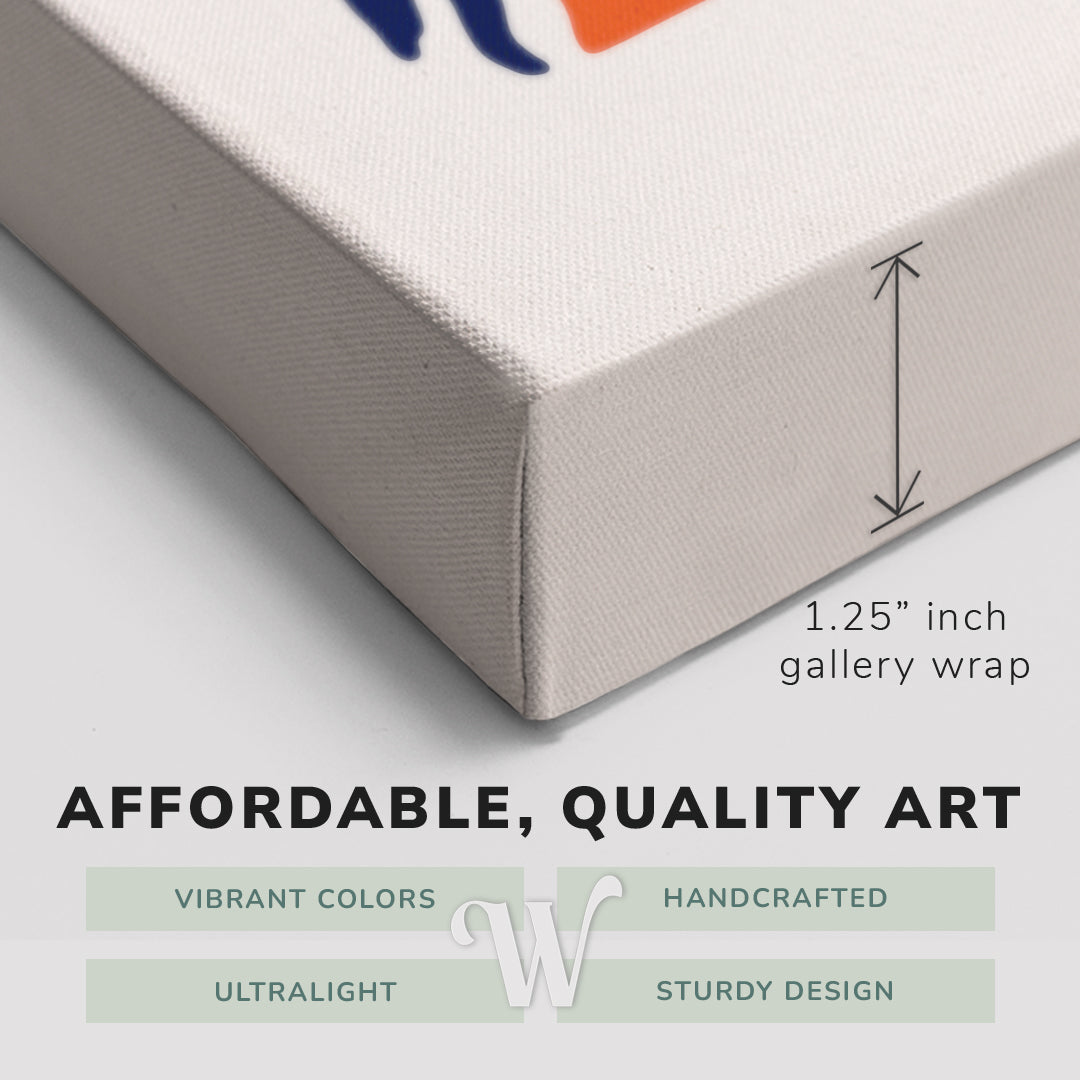 Corner shot of a Whelhung easy to hang canvas print showing the 1.25” inch gallery wrap thickness and graphic saying "Affordable, Quality Art", "Vibrant Colors", "Handcrafted", "Ultralight" and "Sturdy Design."