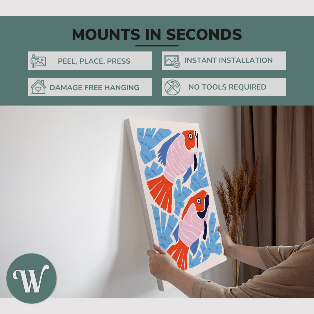 graphic showing hanging a single 2:3 vertical 20x30” inch easy to hang canvas showing how easy it is to hang. Mounts in seconds, "peel, place, press", "instant installation", "damage free hanging" and "no tools required."