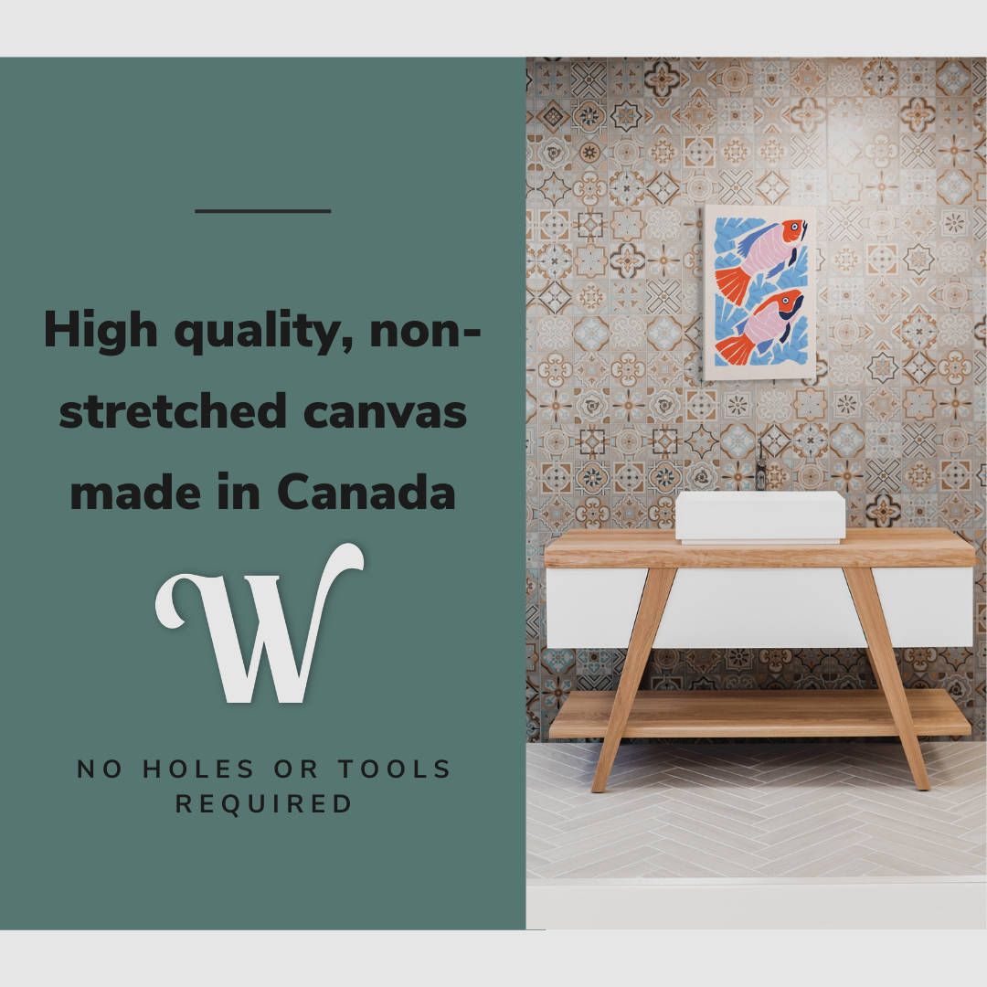 Lifestyle image of the vertical, 16x24" inch easy to hang canvas wall art hung in a bathroom over the sink with graphic saying "High quality, non-stretched canvas made in Canada"