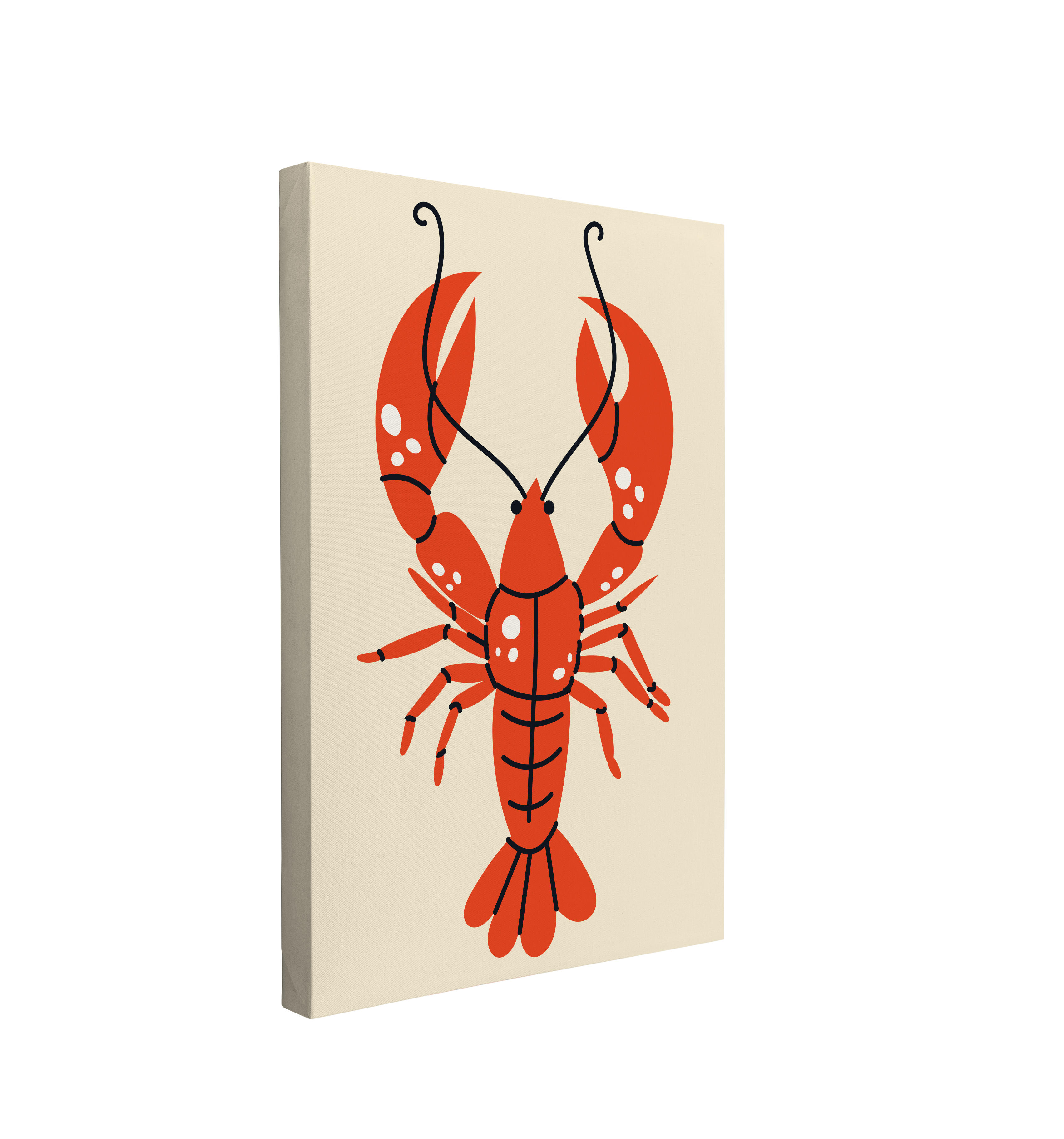 Single, 2:3 vertical easy to hang canvas prints on a transparent background featuring an image of a graphic of a red lobster on a light yellow background