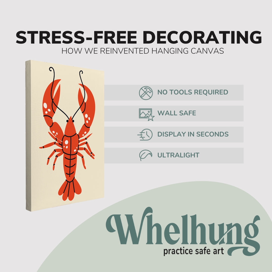 Single, 2:3 vertical easy to hang canvas prints on a graphic displaying the stress-free decorating Whelhung offers, how we reinvented hanging canvas: "no tools required", "wall safe", "display in seconds" and "ultralight."
