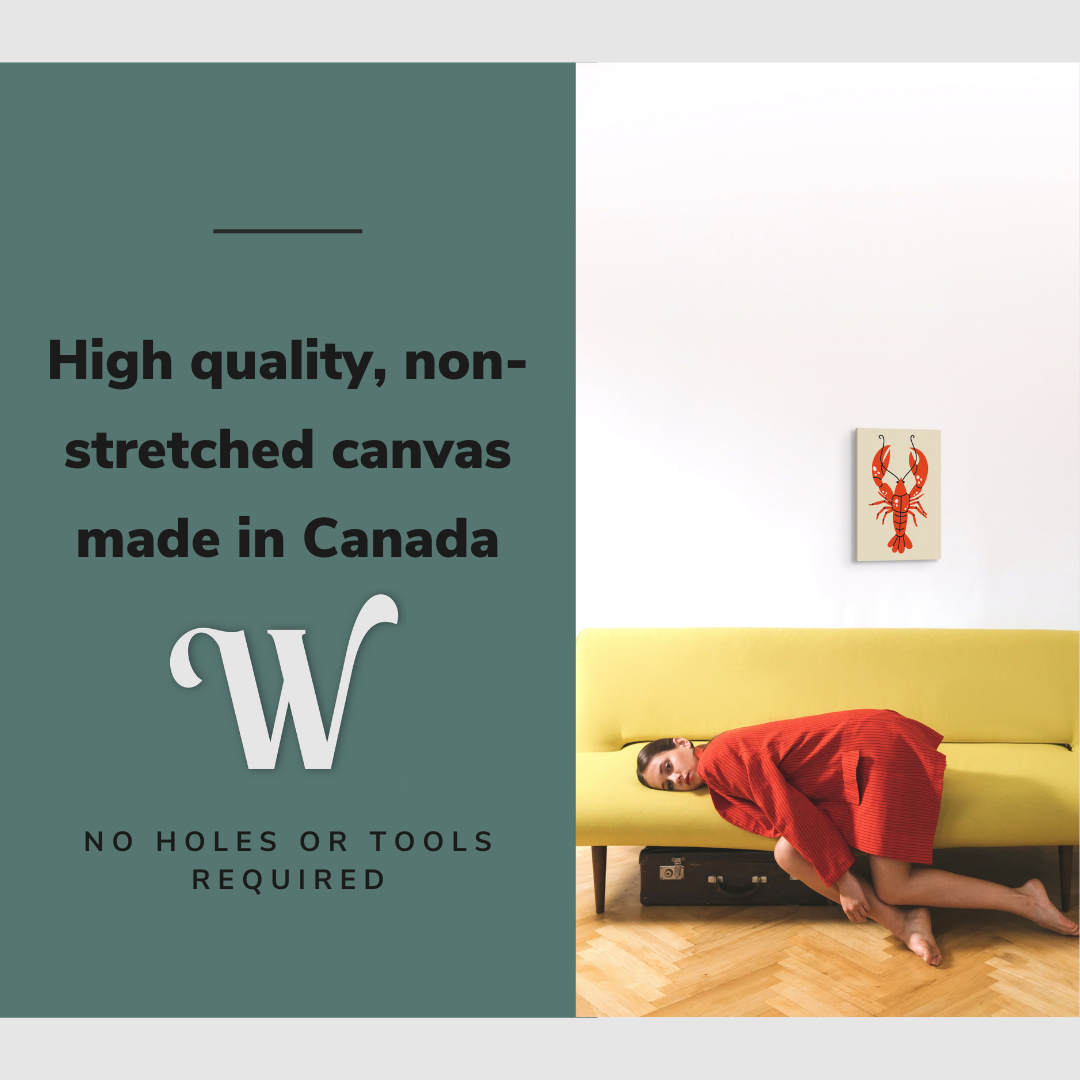 Lifestyle image of the vertical 12x18" inch easy to hang canvas wall art hung above a couch in a living room with a girl laying down with graphic saying "High quality, non-stretched canvas made in Canada"