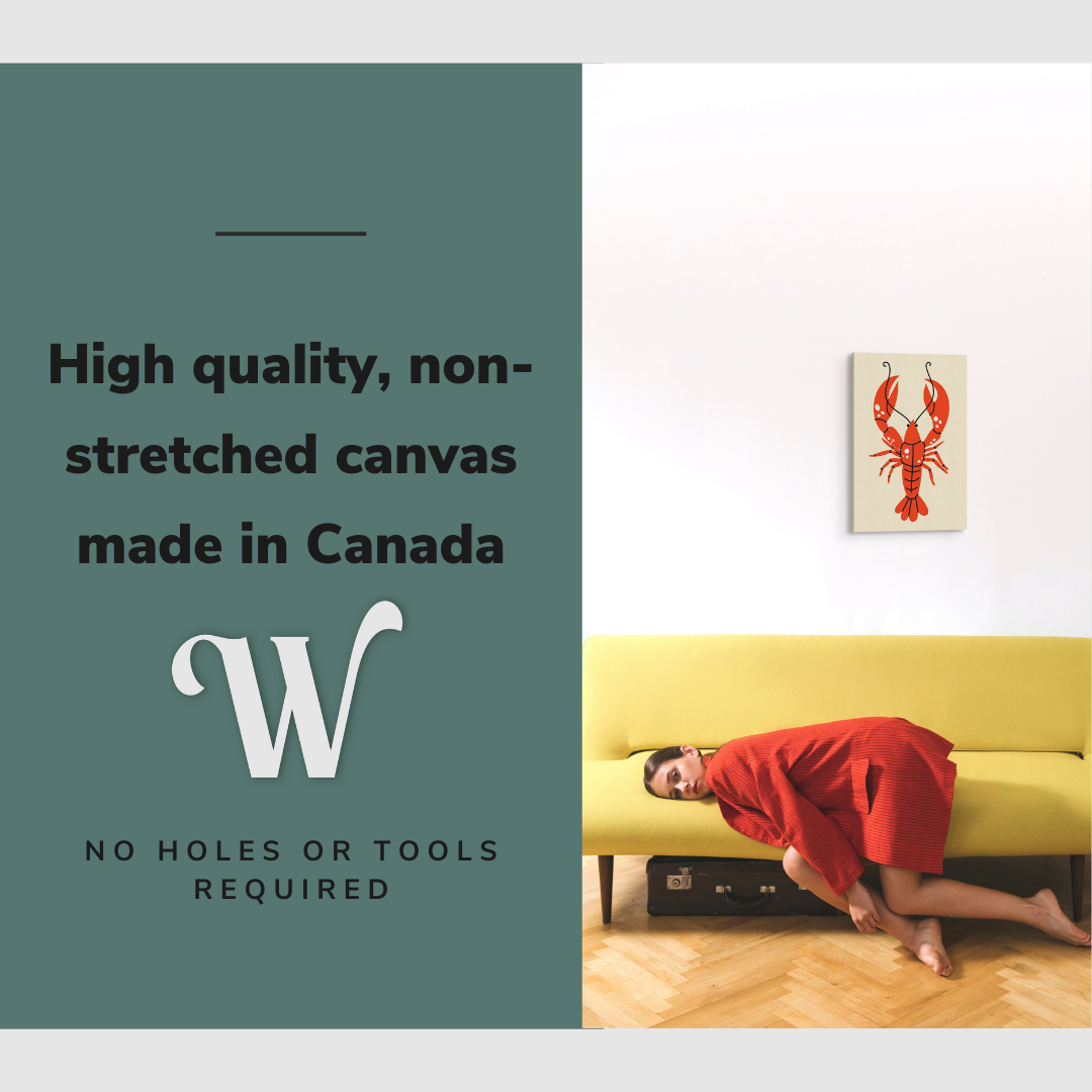Lifestyle image of the vertical 16x24" inch easy to hang canvas wall art hung above a couch in a living room with a girl laying down with graphic saying "High quality, non-stretched canvas made in Canada"