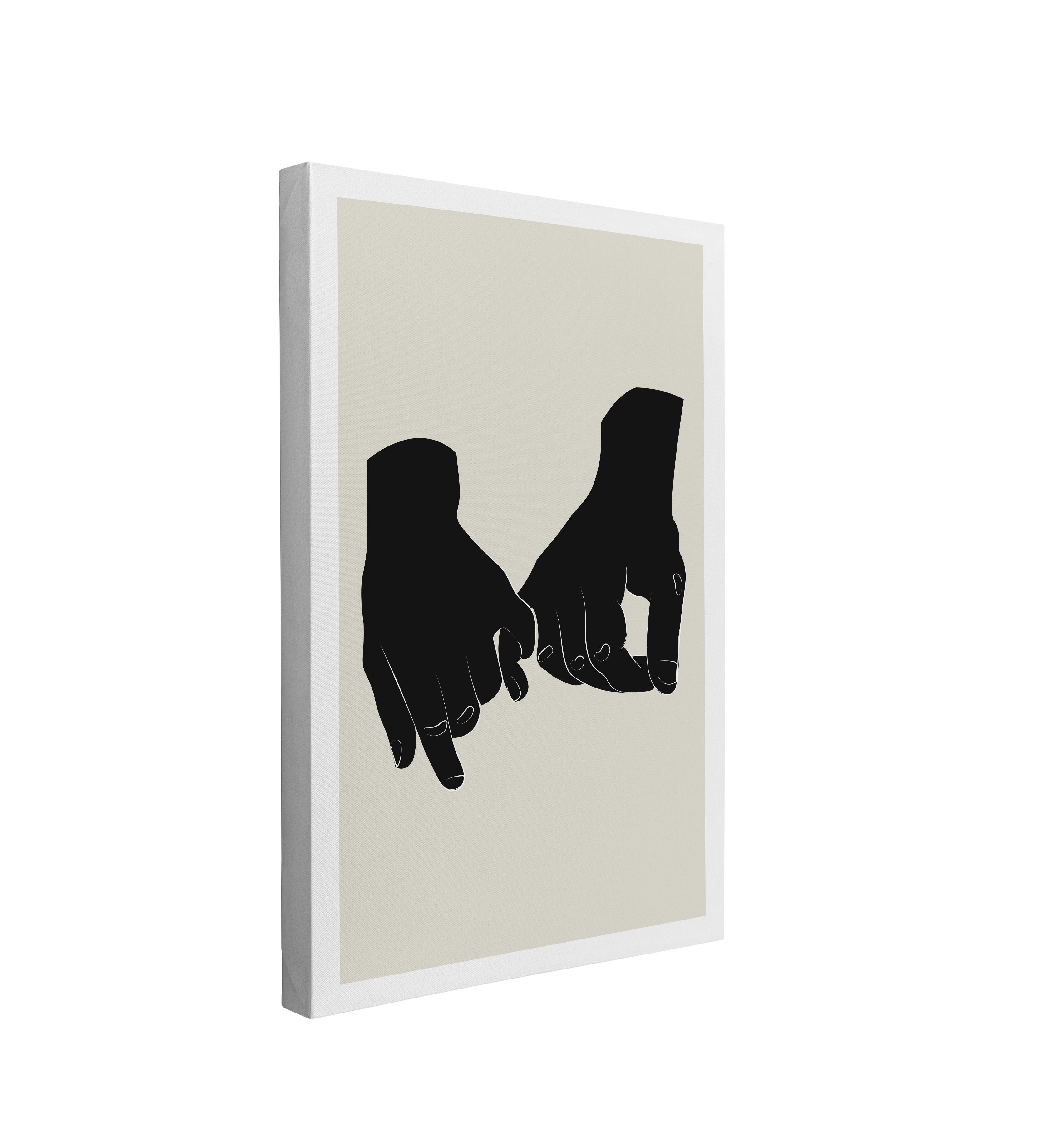 single, 2:3 vertical easy to hang canvas print on a transparent background featuring an image of minimalist hands drawn in black doing a pinky promise, on a light beige background with a white border
