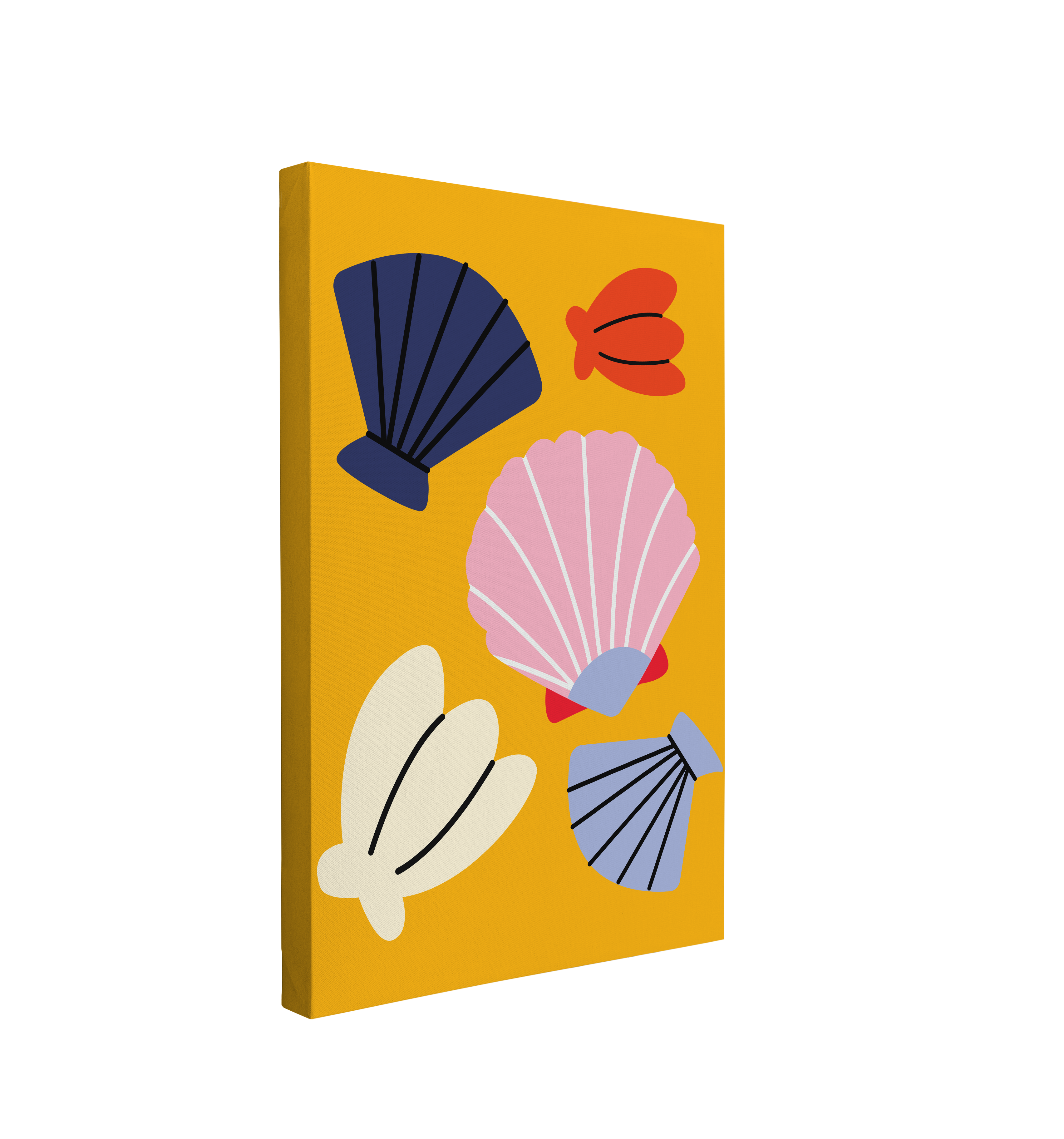 Single, 2:3 vertical easy to hang canvas prints on a transparent background featuring a minimalist graphic of 5 different colored shells in shades of blue, purple and orange on a yellow background