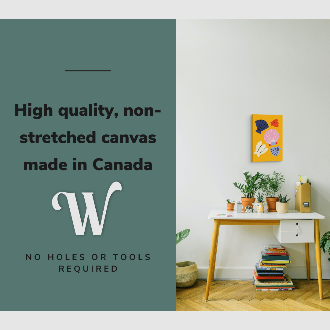 Lifestyle image of the vertical 12x18" inch easy to hang canvas wall art hung in a bedroom over a desk with graphic saying "High quality, non-stretched canvas made in Canada"
