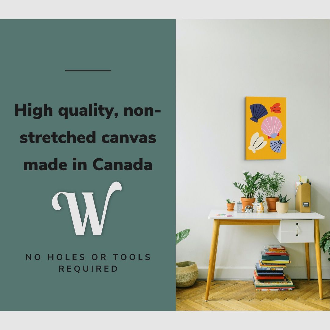 Lifestyle image of the vertical 16x24" inch easy to hang canvas wall art hung in a bedroom over a desk with graphic saying "High quality, non-stretched canvas made in Canada"