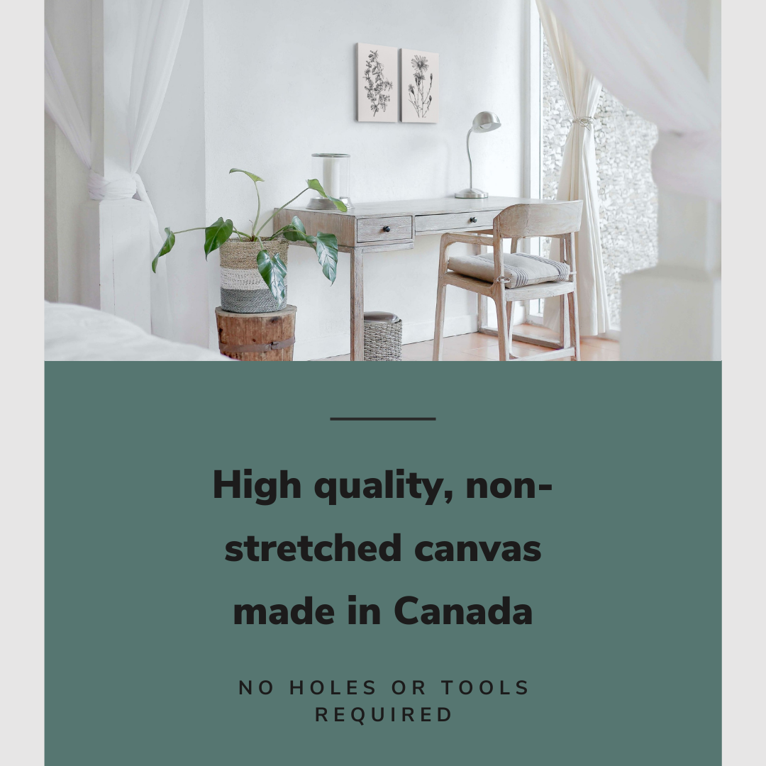 Lifestyle image of the vertical, 18x24 inch easy to hang canvas wall art hung in a bedroom above a farmhouse styled desk with graphic saying "High quality, non-stretched canvas made in Canada"
