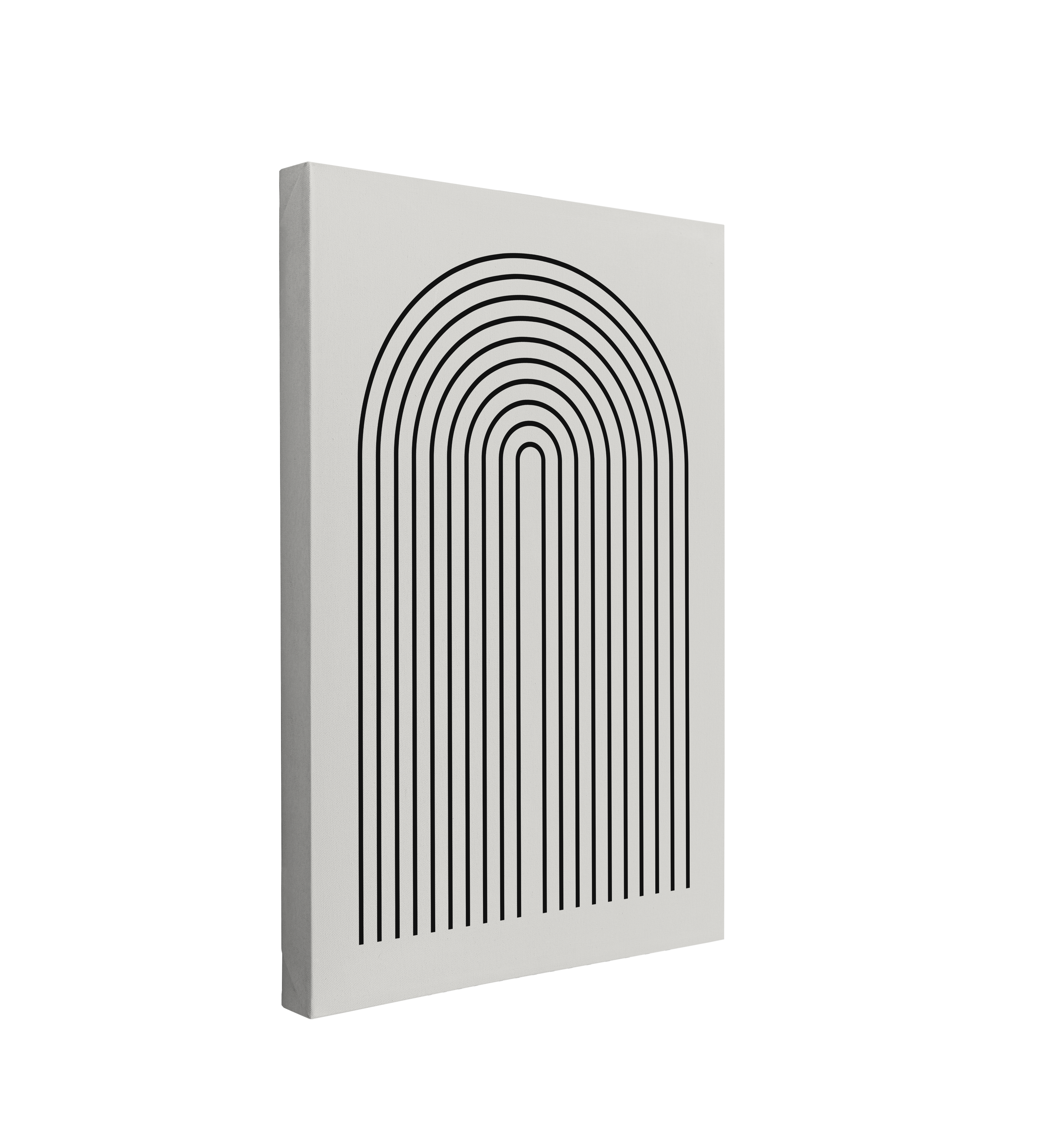single, 2:3 vertical easy to hang canvas print on a transparent background featuring an image of a minimalist rainbow made with just black lines on a light grey background