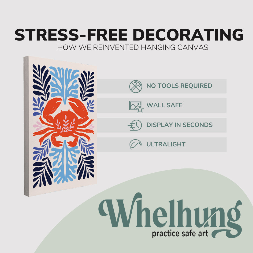 Single, 2:3 vertical easy to hang canvas print on a graphic displaying the stress-free decorating Whelhung offers, how we reinvented hanging canvas: "no tools required", "wall safe", "display in seconds" and "ultralight."