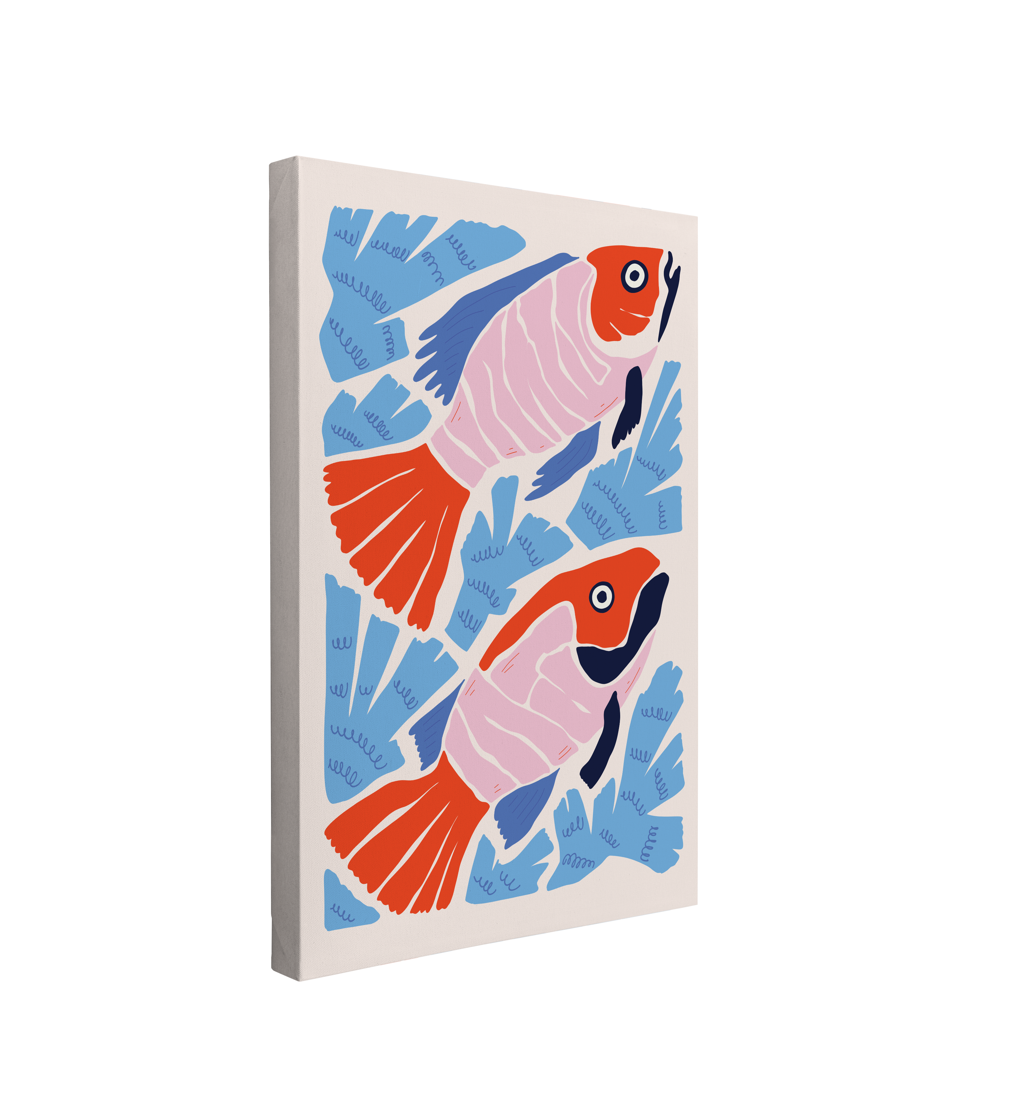 Single, 2:3 vertical easy to hang canvas print on a transparent background featuring an image of two orange and pink fish swimming upwards diagonally amongst blue seaweed shaped background on white